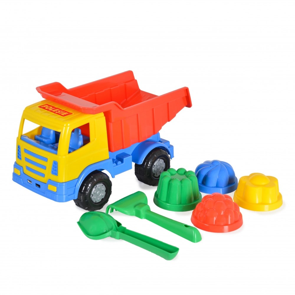 Polesie 7-teiliges Spielzeug-Set 93226 LKW F&ouml;rmchen Schaufel Rechen ab 12 Monate bunt 
