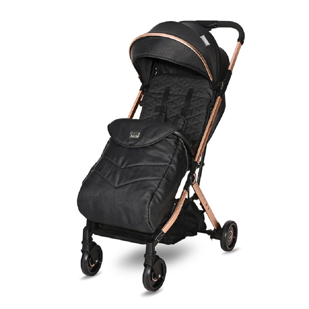 Lorelli Kinderwagen Myla Aluminiumrahmen Korb Fu&szlig;sack klappbar mit Zusatzgriff schwarz gold 