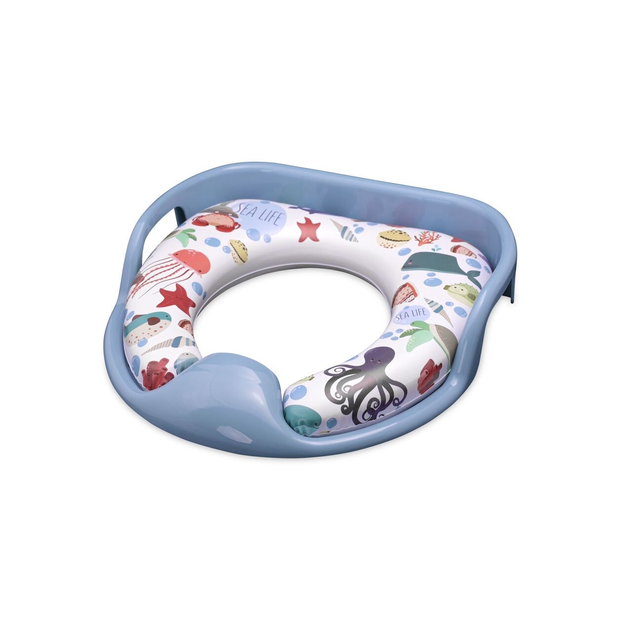 Toilettensitz weich, Handgriffe, gepolstertes Sitzkissen, Spritzschutz blau