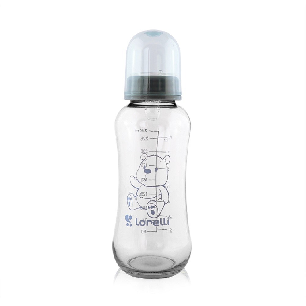 Lorelli Baby Glasflasche 240 ml Fassungsverm&ouml;gen Silikonsauger Deckel ab Geburt dunkelblau 