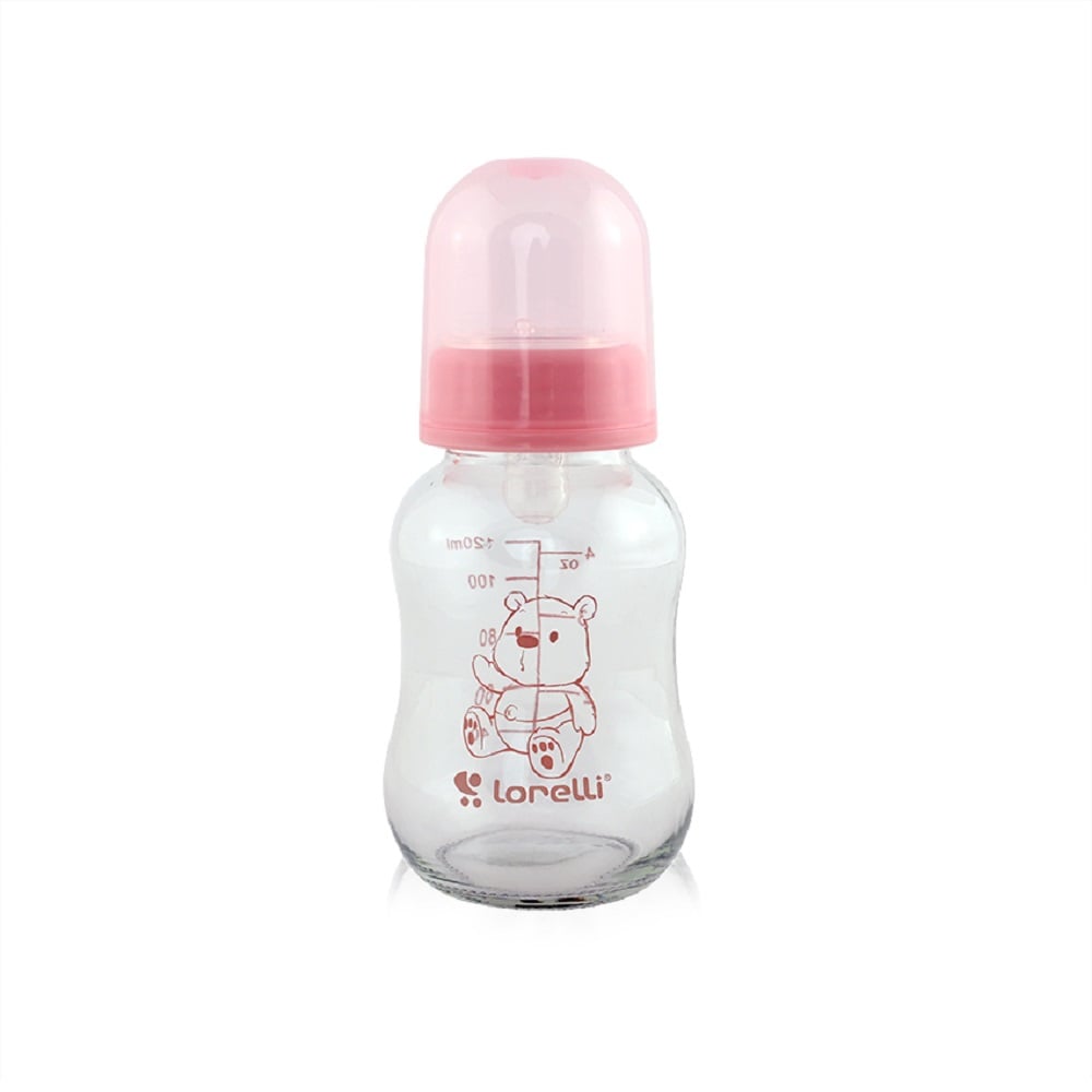 Lorelli Baby Glasflasche 120 ml Babyflasche, Trinkglasflasche, Deckel, Sauger pink 