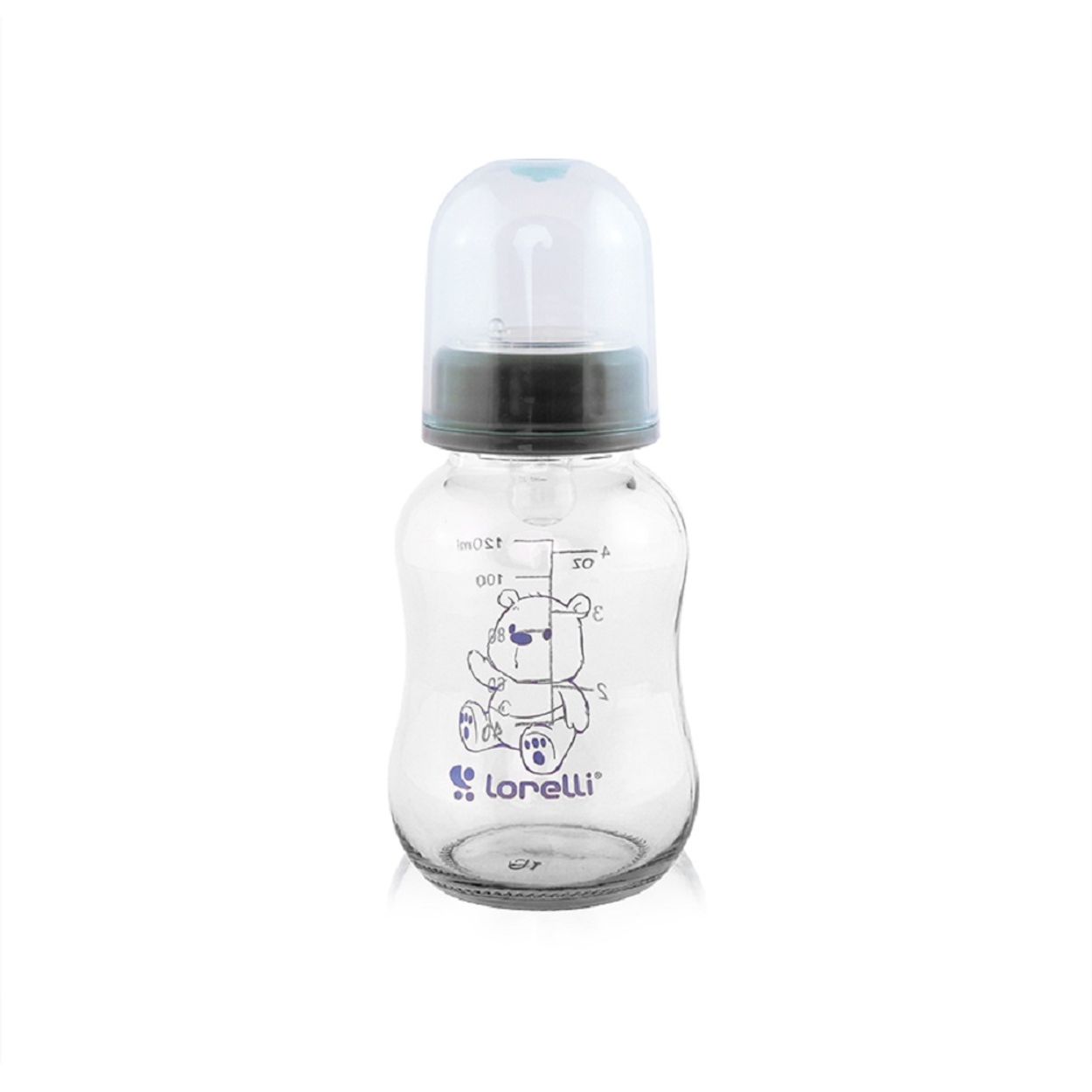 Lorelli Baby Glasflasche 120 ml Babyflasche, Trinkglasflasche, Deckel, Sauger dunkelblau 