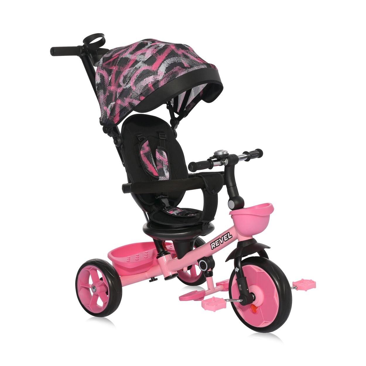 Dreirad Revel 3 in 1, EVA-Reifen Freilauf Lenkstange Becherhalter Korb rosa