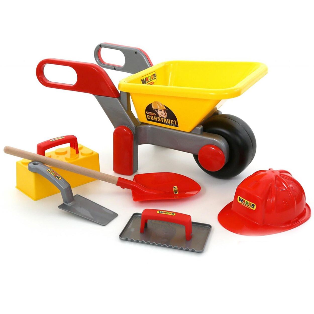 Kinder-Schubkarren 50229, Baustellenset 6-teilig, Helm, Schaufel, Kelle rot