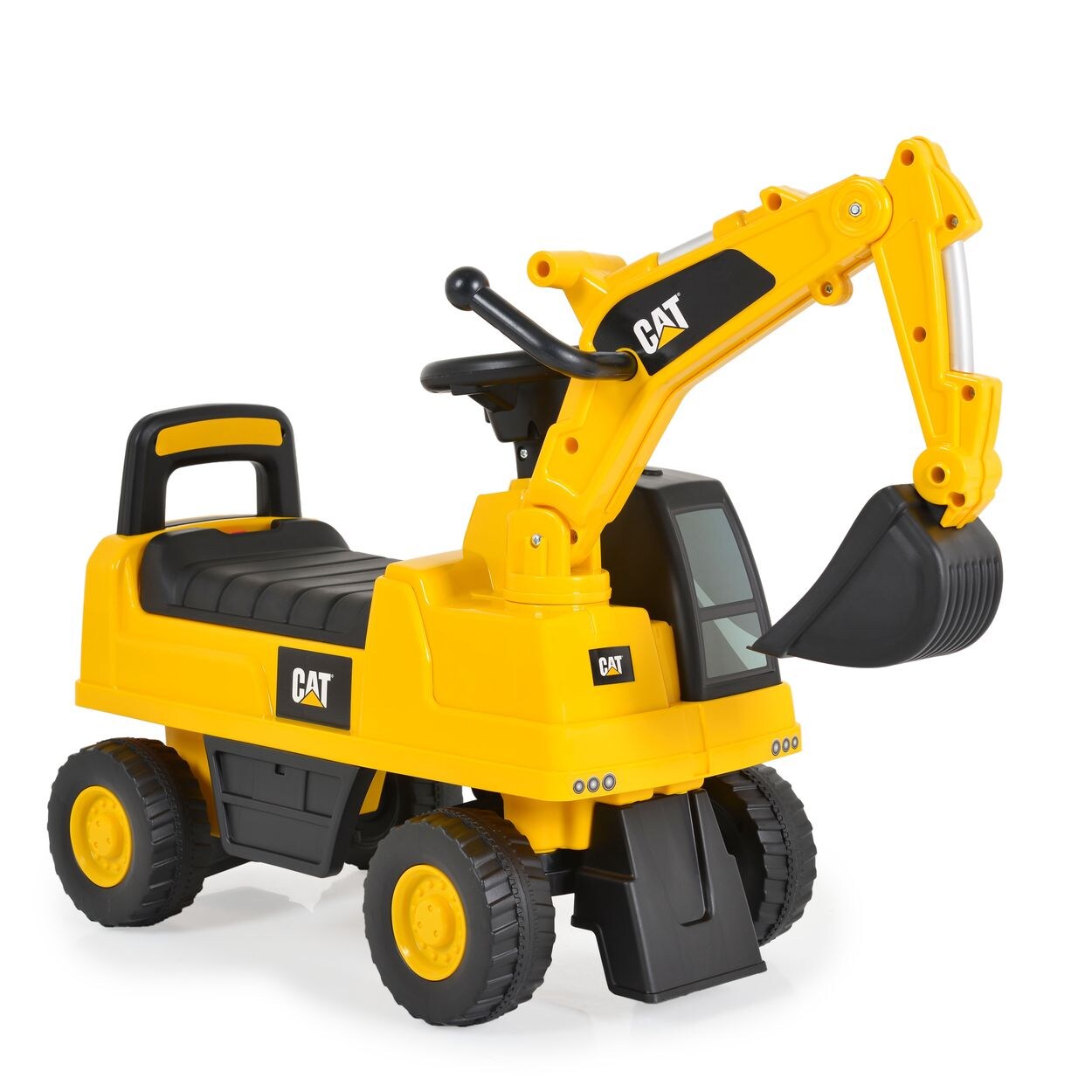 Kinder Rutschfahrzeug Bagger CAT Excavator 662 Schaufel, Staufach, Musik gelb