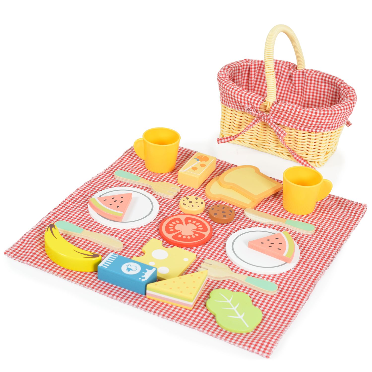 Tooky Toy Spielzeug Picknickkorb TK454 Holz, Picknickdecke, Teller, Lebensmittel rot 