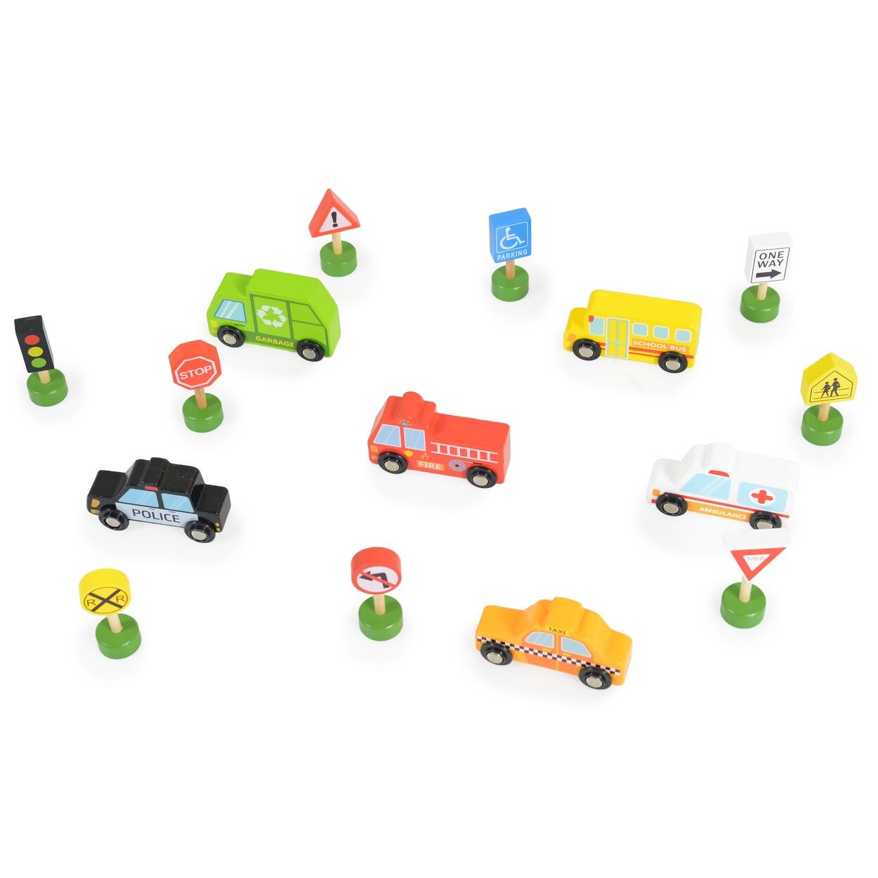 Spielzeugautos 16-teilig TKF050 Holz-Setzkasten, Transport, Schilder bunt