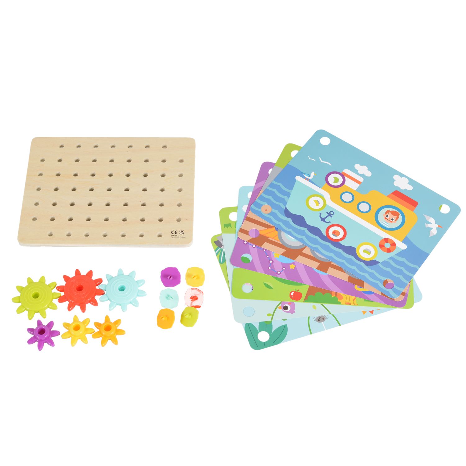 Tooky Toy Holzspielzeug TK352 Zahnr&auml;derspiel 19 teilig, Steckspiel, Motorikspiel bunt 