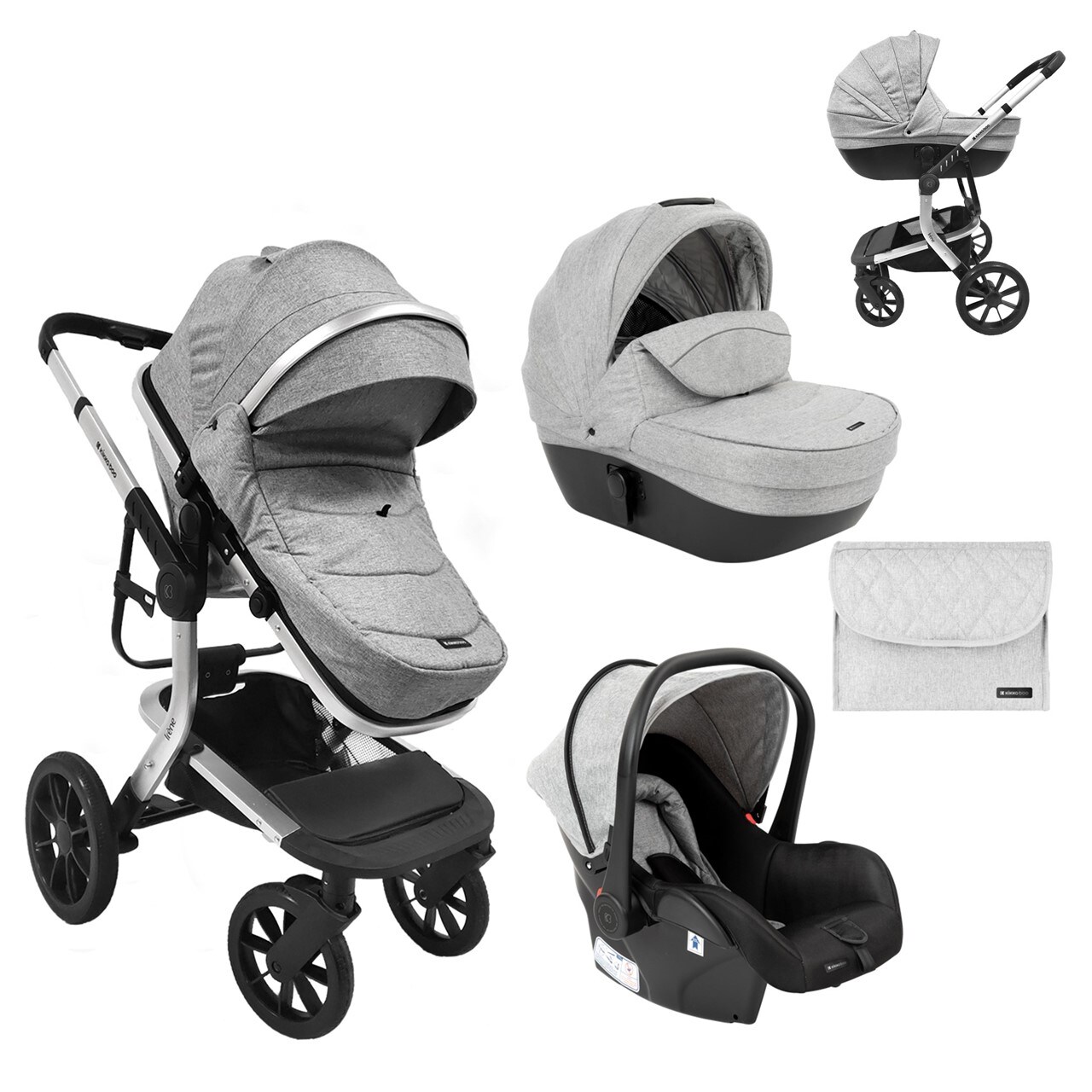 Kikkaboo Kombikinderwagen Irene 3 in 1 Babywanne Autositz Adapter Wickeltasche grau hellgrau 
