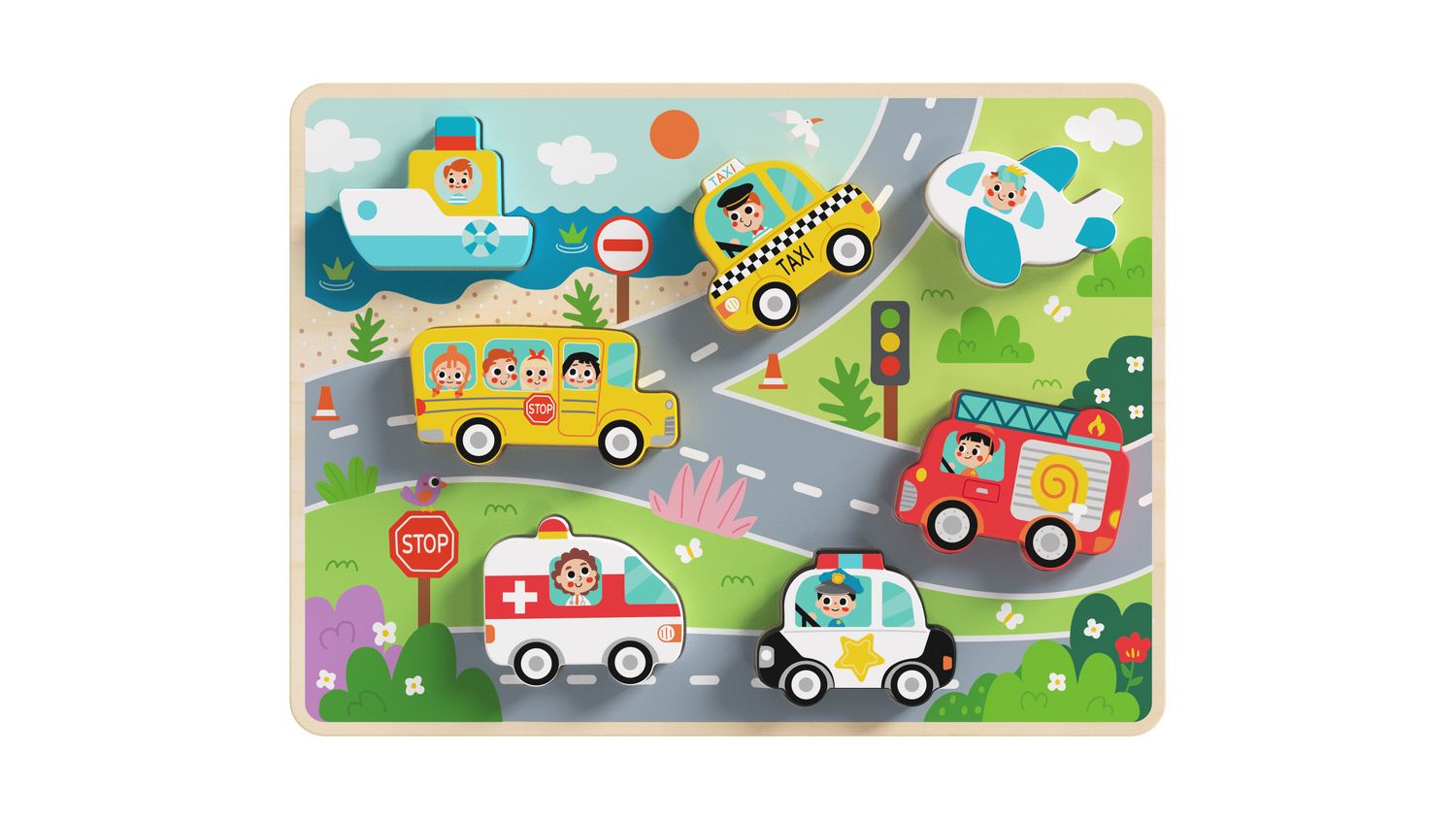 Tooky Toy Kinder Holz-Puzzle Fahrzeuge 3D TH634 Steckpuzzle, 8-teilig, ab 1 Jahr bunt 
