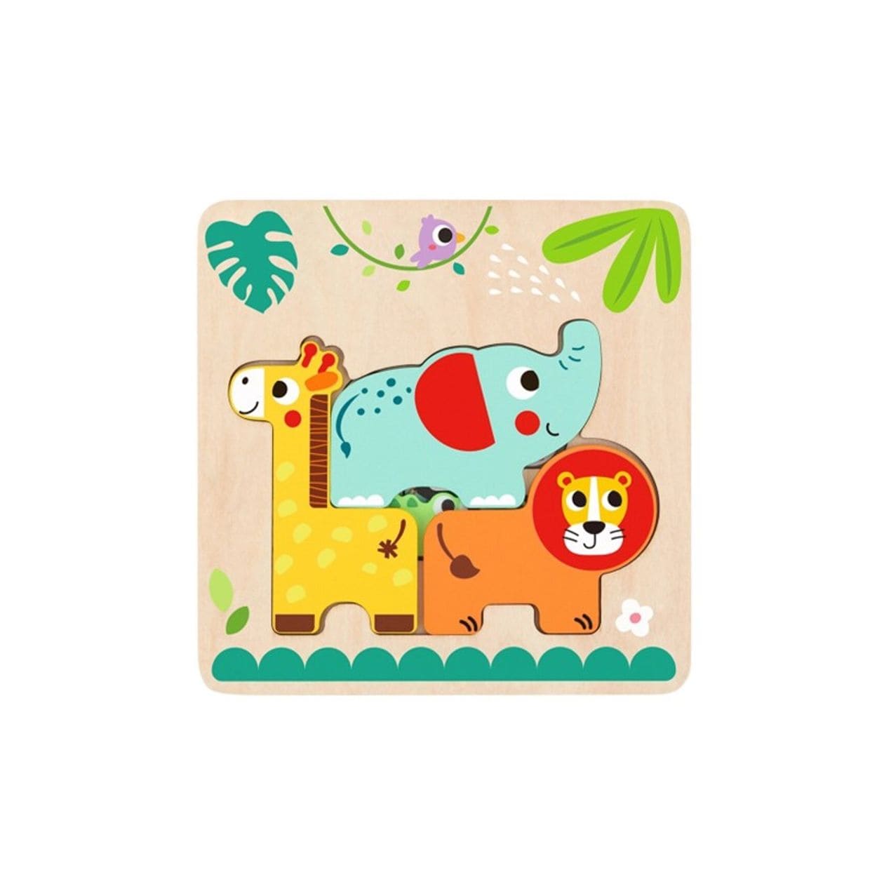 Tooky Toy Kinder Puzzle Holz 7-teilig Sortierspiel, Farbpuzzle, 6 bunte Tiere gr&uuml;n 