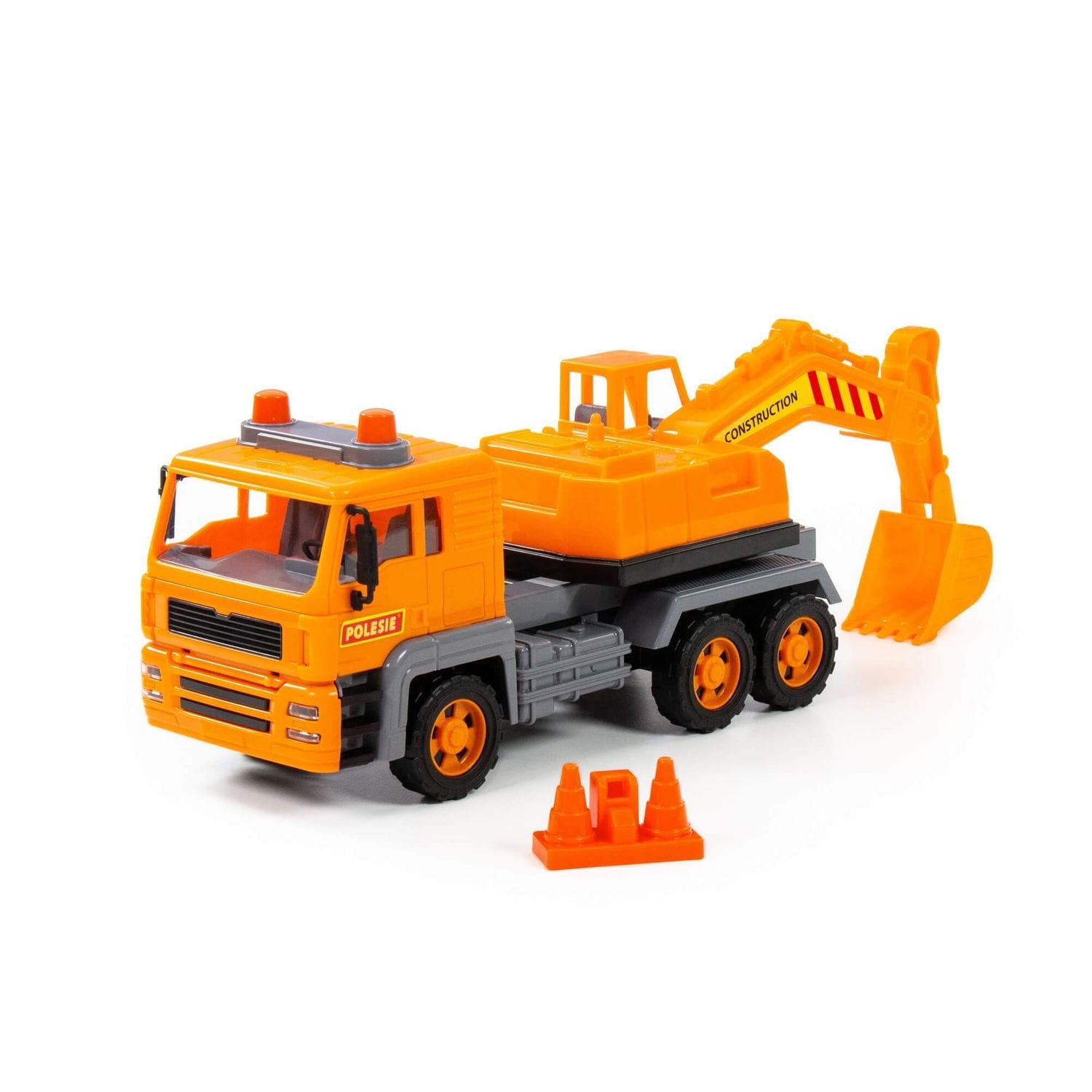 Polesie Spielzeug LKW Bagger 88963 Pylonen, Schwungantrieb, bewegliche Schaufel orange 