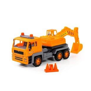 Polesie Spielzeug LKW Bagger 88963 Pylonen, Schwungantrieb, bewegliche Schaufel orange 