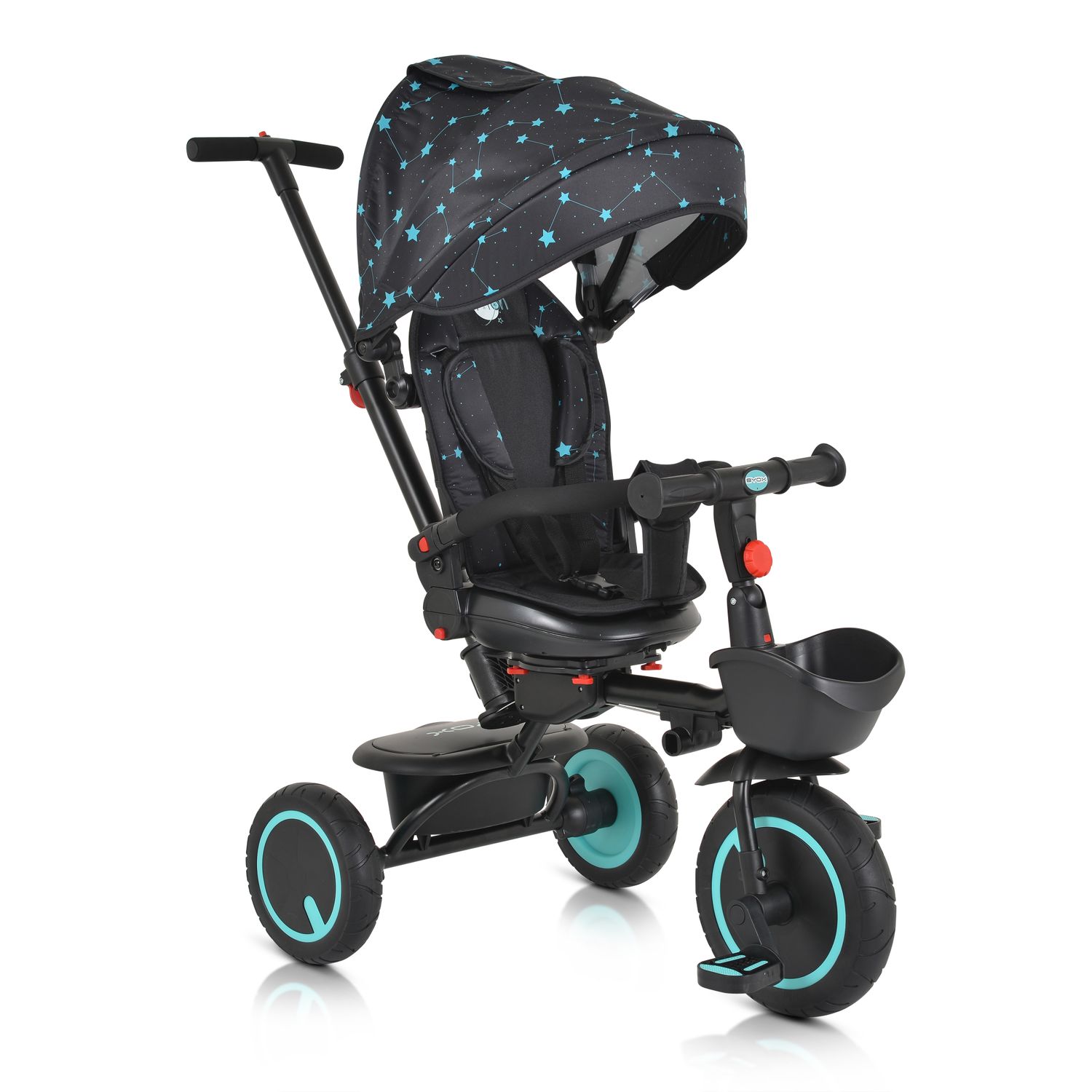 Byox Dreirad Tricycle Orion faltbar, PU-Reifen, drehbarer Sitz, Schiebestange t&uuml;rkis 