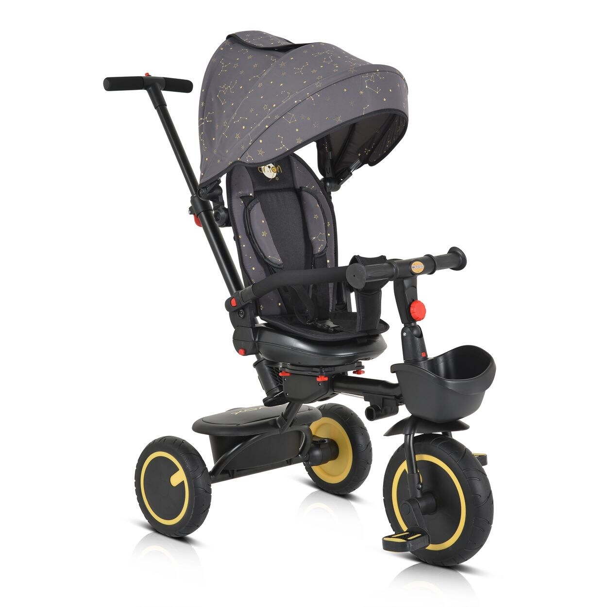 Dreirad Tricycle Orion faltbar, PU-Reifen, drehbarer Sitz, Schiebestange gelb