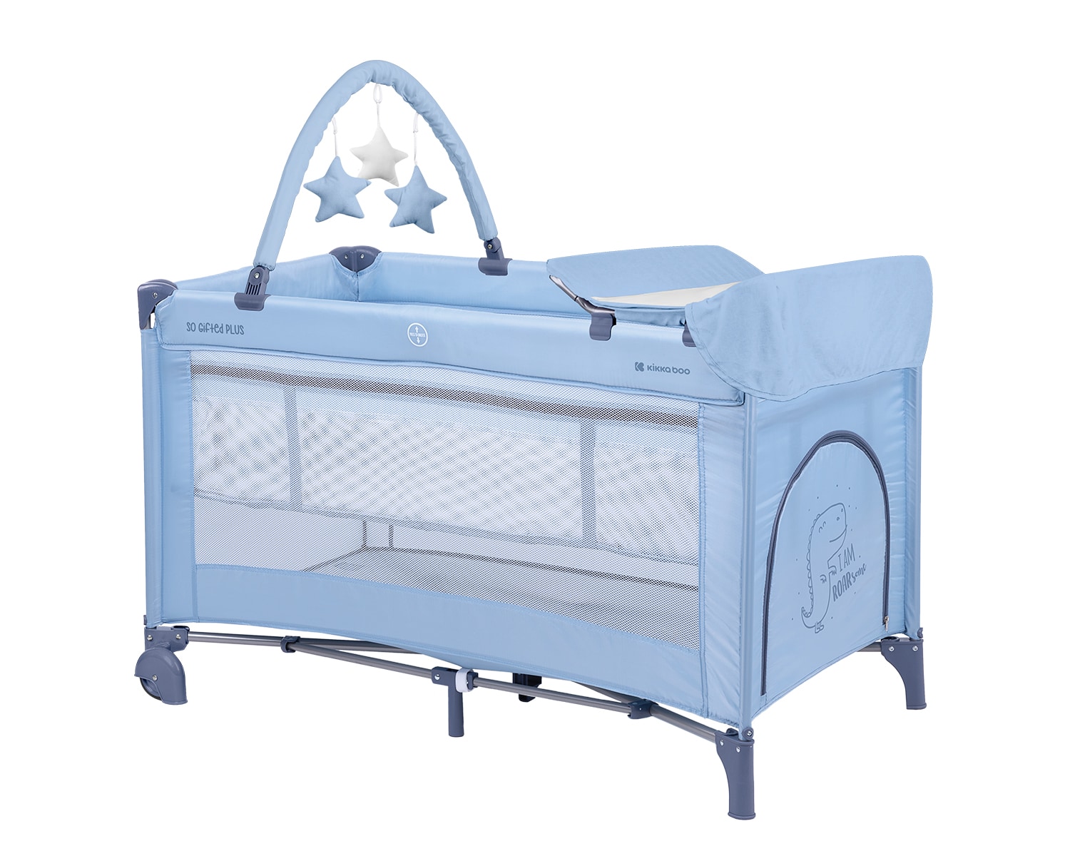 Kikkaboo Reisebett So Gifted Plus zwei Ebenen, Spielbogen, Wickelauflage, R&auml;der hellblau 