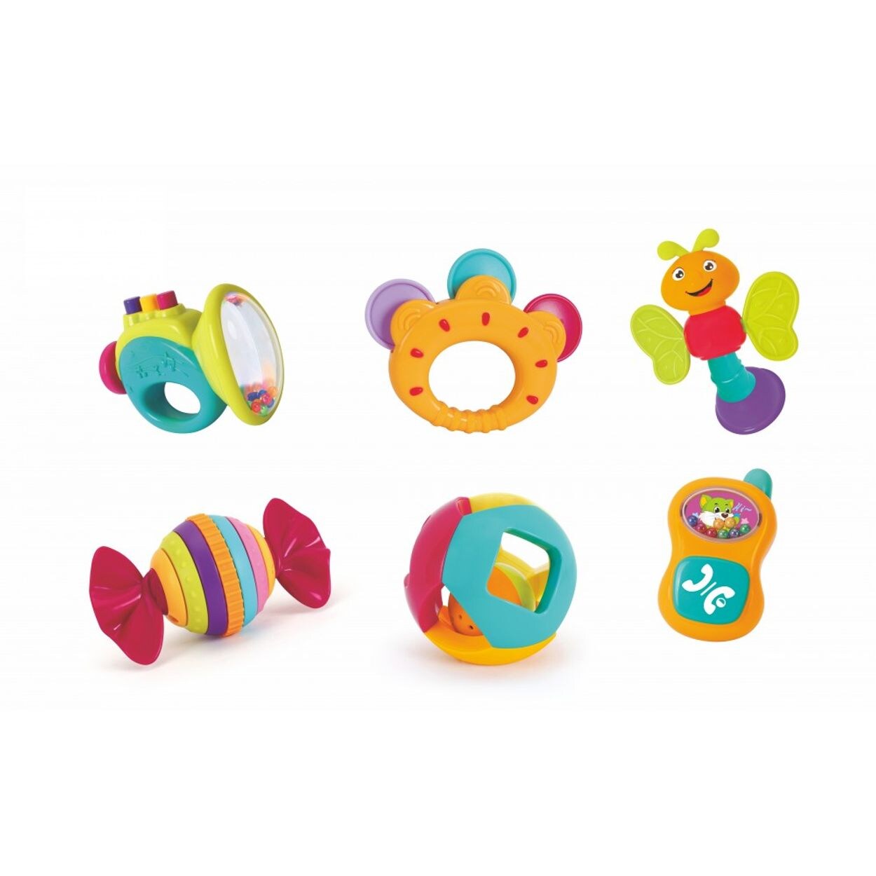 Babyrassel-Set Rock 939A 6-teilig Greifling Handy Ball Schmetterling Bonbon bunt
