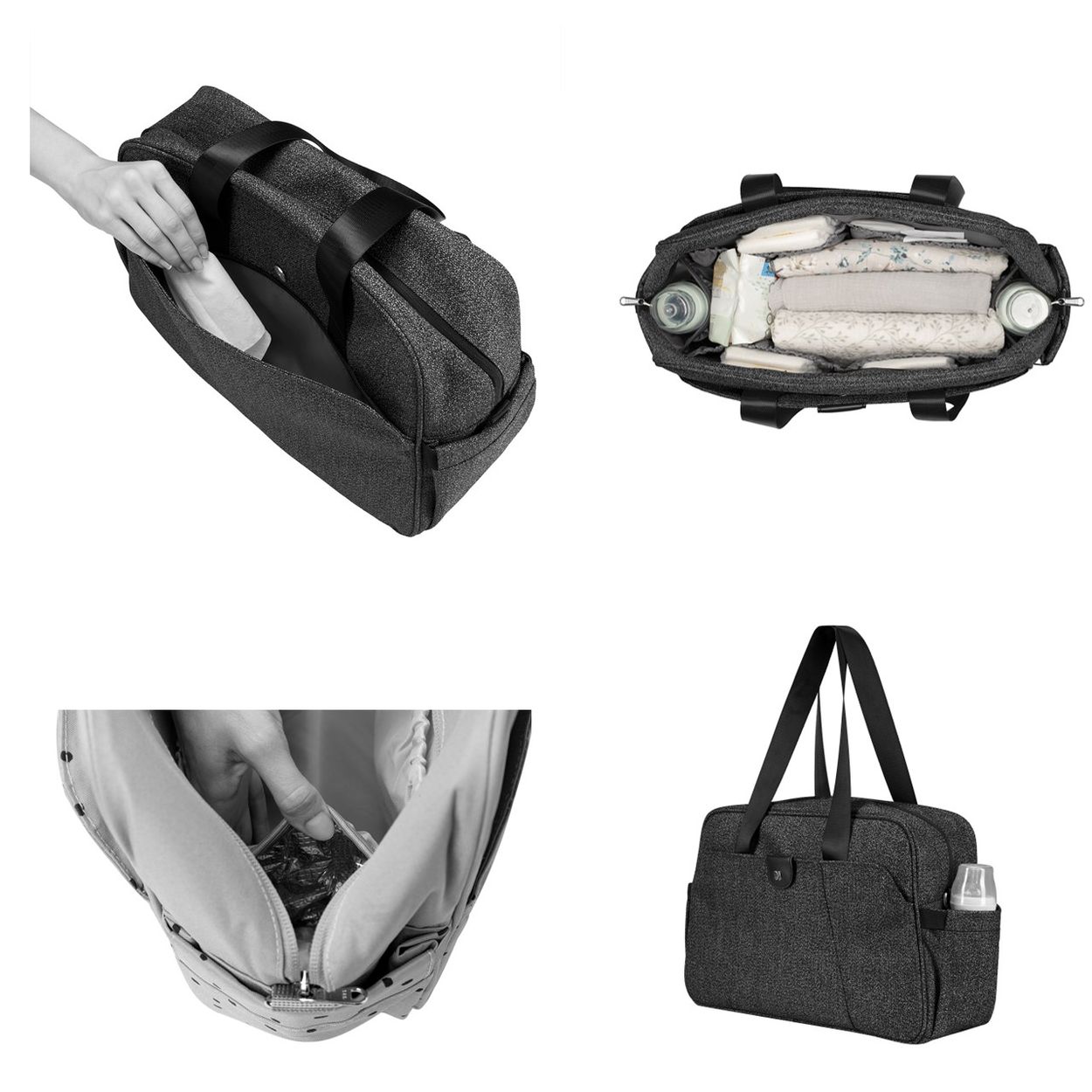 Kikkaboo Wickeltasche Chelsea mit Wickelunterlage, Seitentaschen, Thermofach schwarz gemustert 