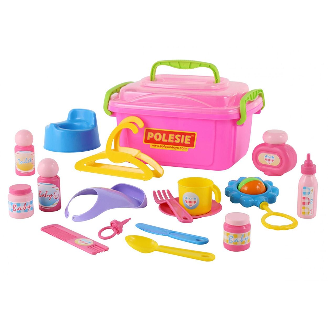 Kinderspielzeug Nanny-Set 53473 für Puppen Koffer Rassel Schnuller Latz rosa