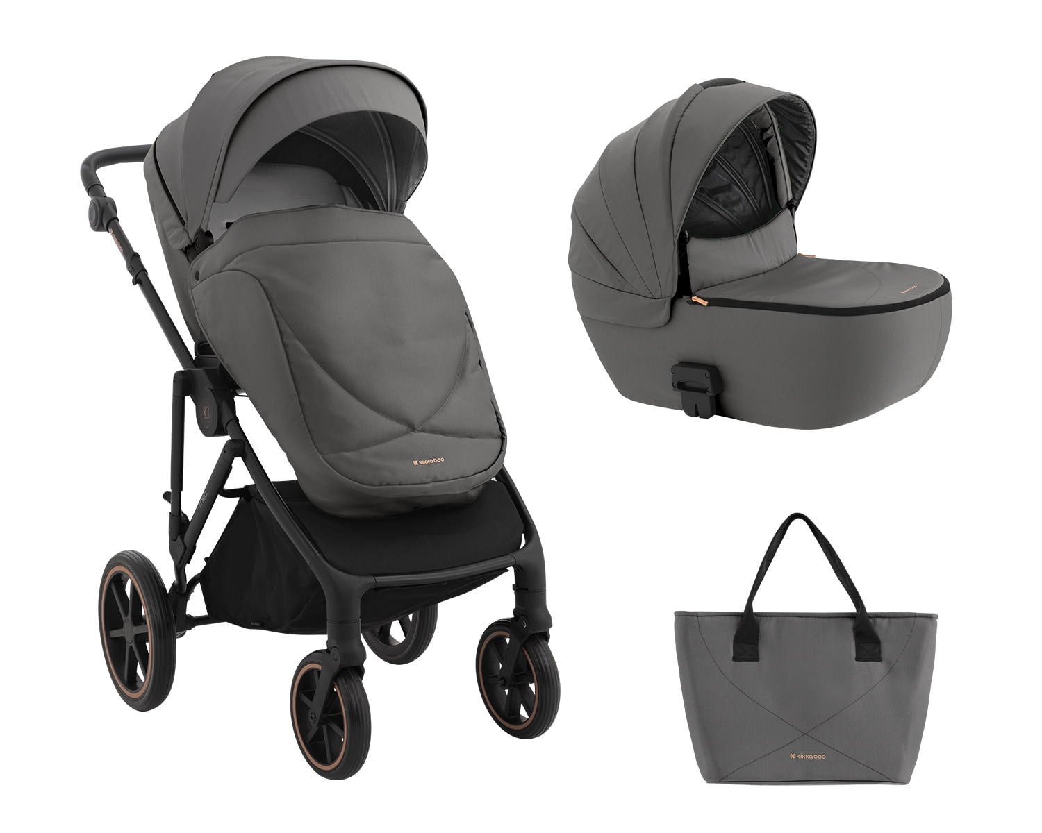 Kikkaboo Kinderwagen Thea 2 in 1 EVA-R&auml;der verstellbarer Schiebegriff Babywanne grau 
