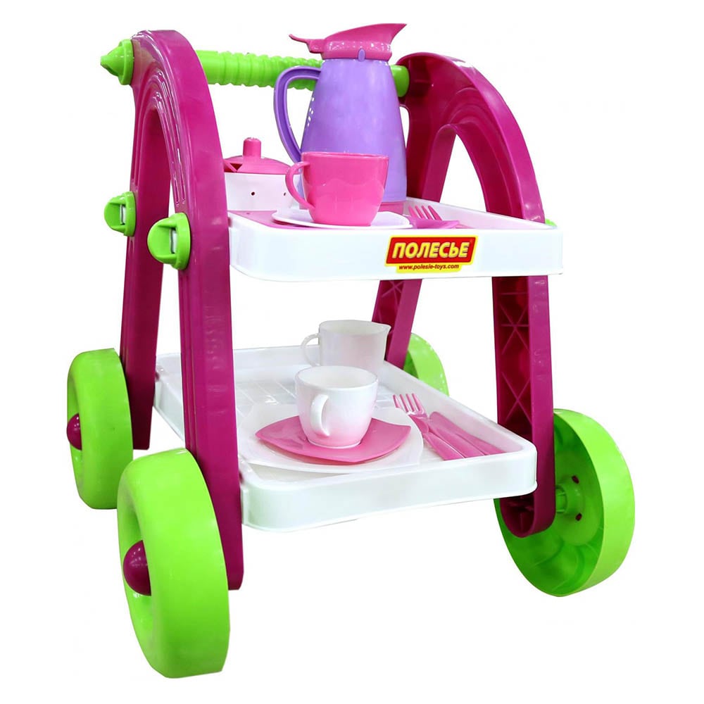 Polesie Spielzeug Servierwagen 44655 Stars Chef Teekanne Tassen L&ouml;ffel Besteck pink 