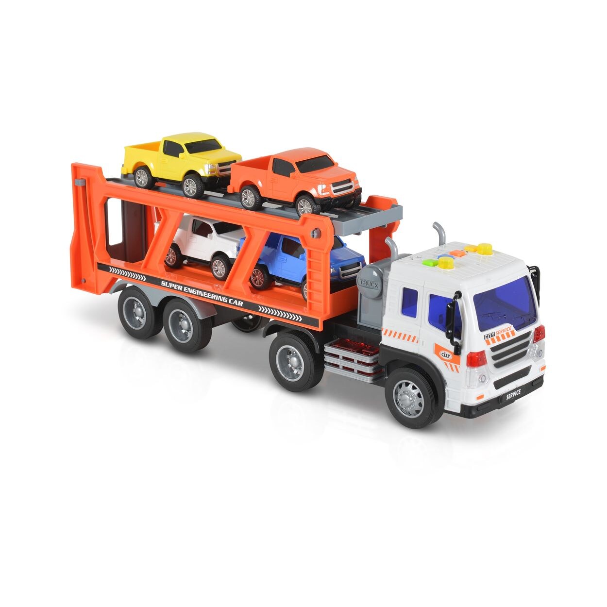 Spielzeug Autotransporter WY572A, Soundfunktion, 1:16, Ladefläche, 4 Autos orange