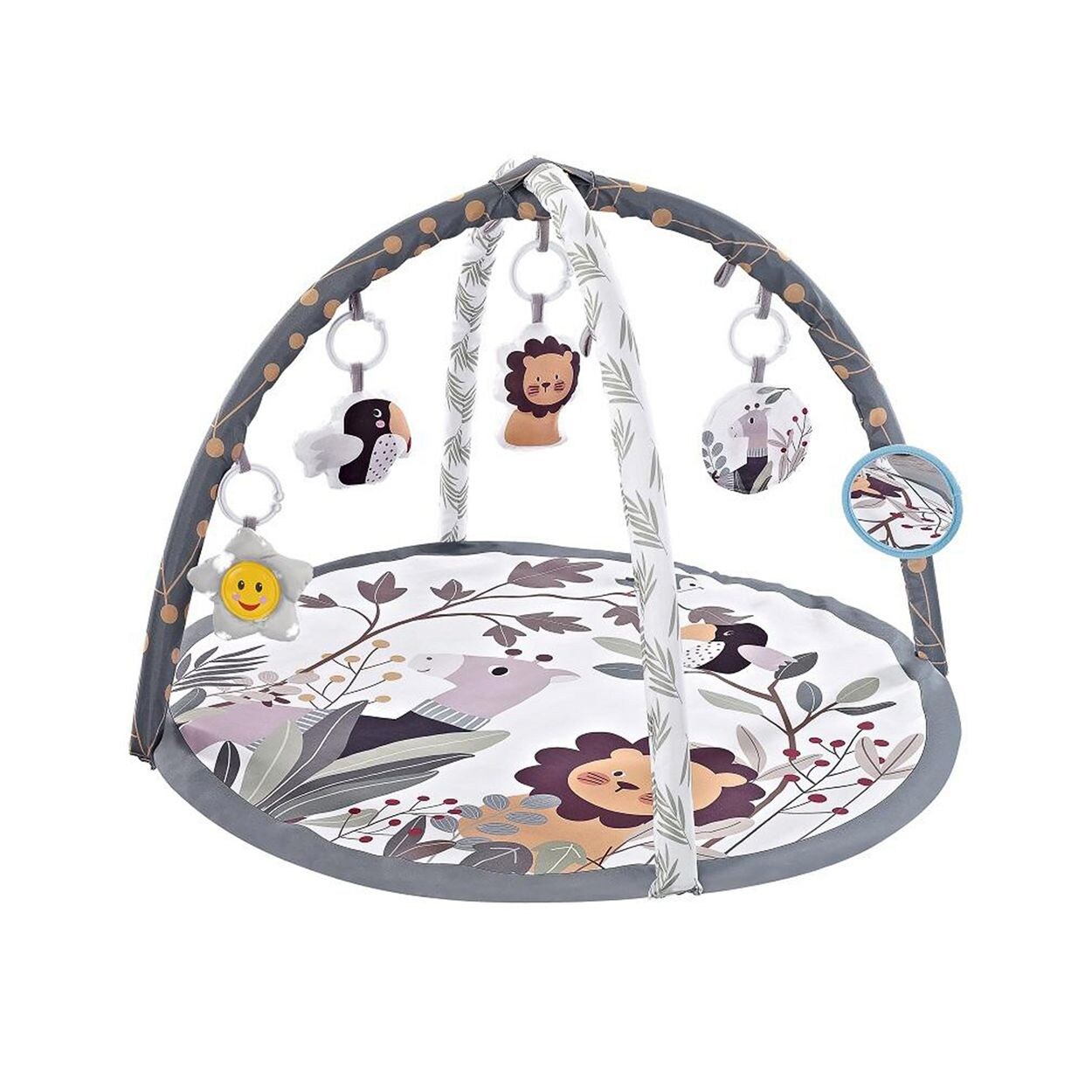 Spielbogen Tiere, Musikfunktion, 5 Hängespielzeuge, Krabbeldecke grau