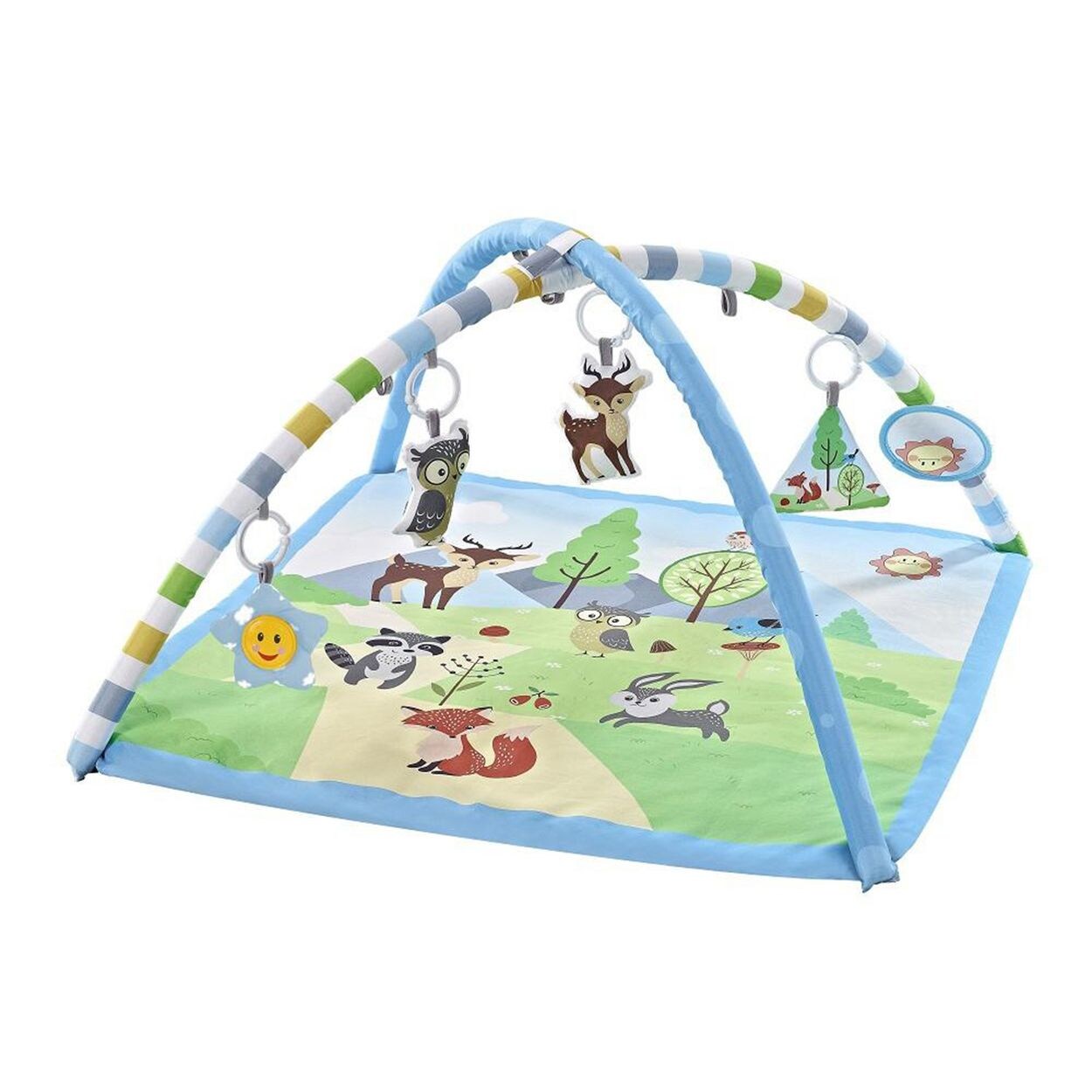 Spielbogen Tiere, Musikfunktion, 5 Hängespielzeuge, Krabbeldecke blau