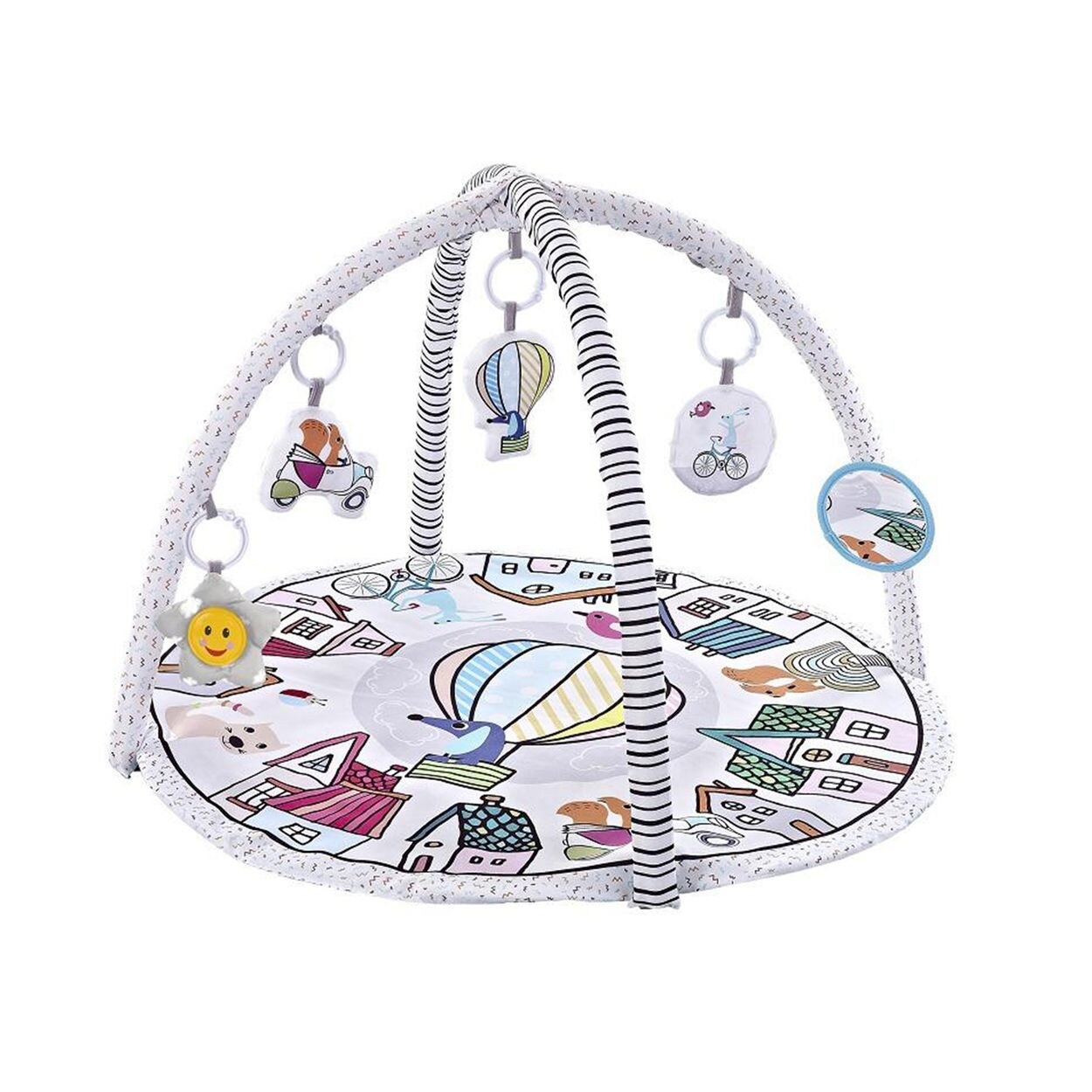 Spielbogen Tiere, Musikfunktion, 5 Hängespielzeuge, Krabbeldecke weiß