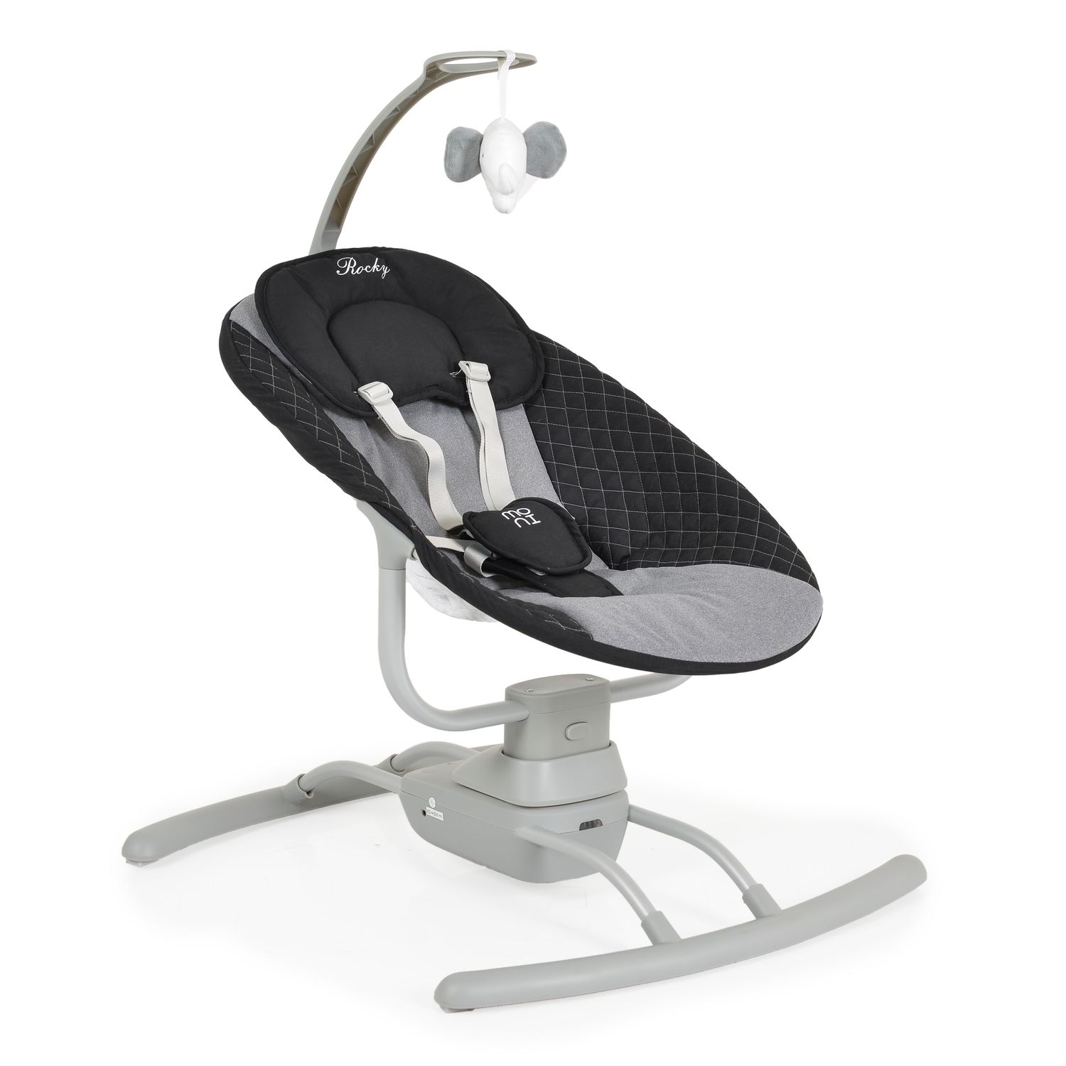 Moni Babywippe elektrisch Rocky Kissen Musik Stofftier Moskitonetz Fernbedienung grau 