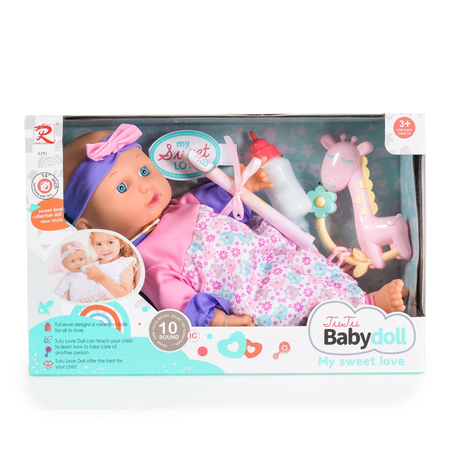 Moni Kinderpuppe 36 cm spricht macht Ger&auml;usche Flasche Rassel Softpuppe Kleidung rosa 