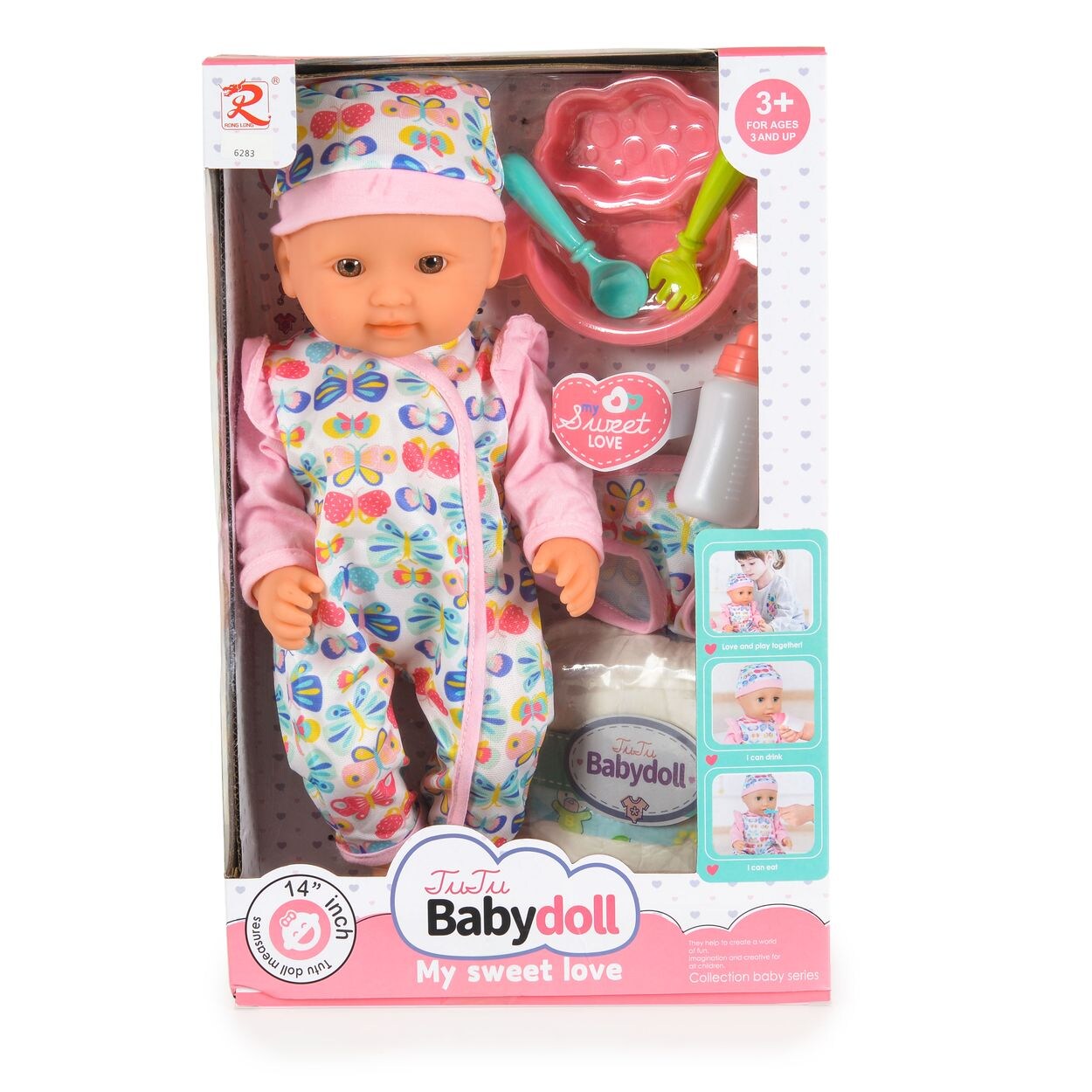 Kinderpuppe 36 cm Mütze Pyjama Besteck Schüssel, Löffel, Gabel, Fläschchen rosa