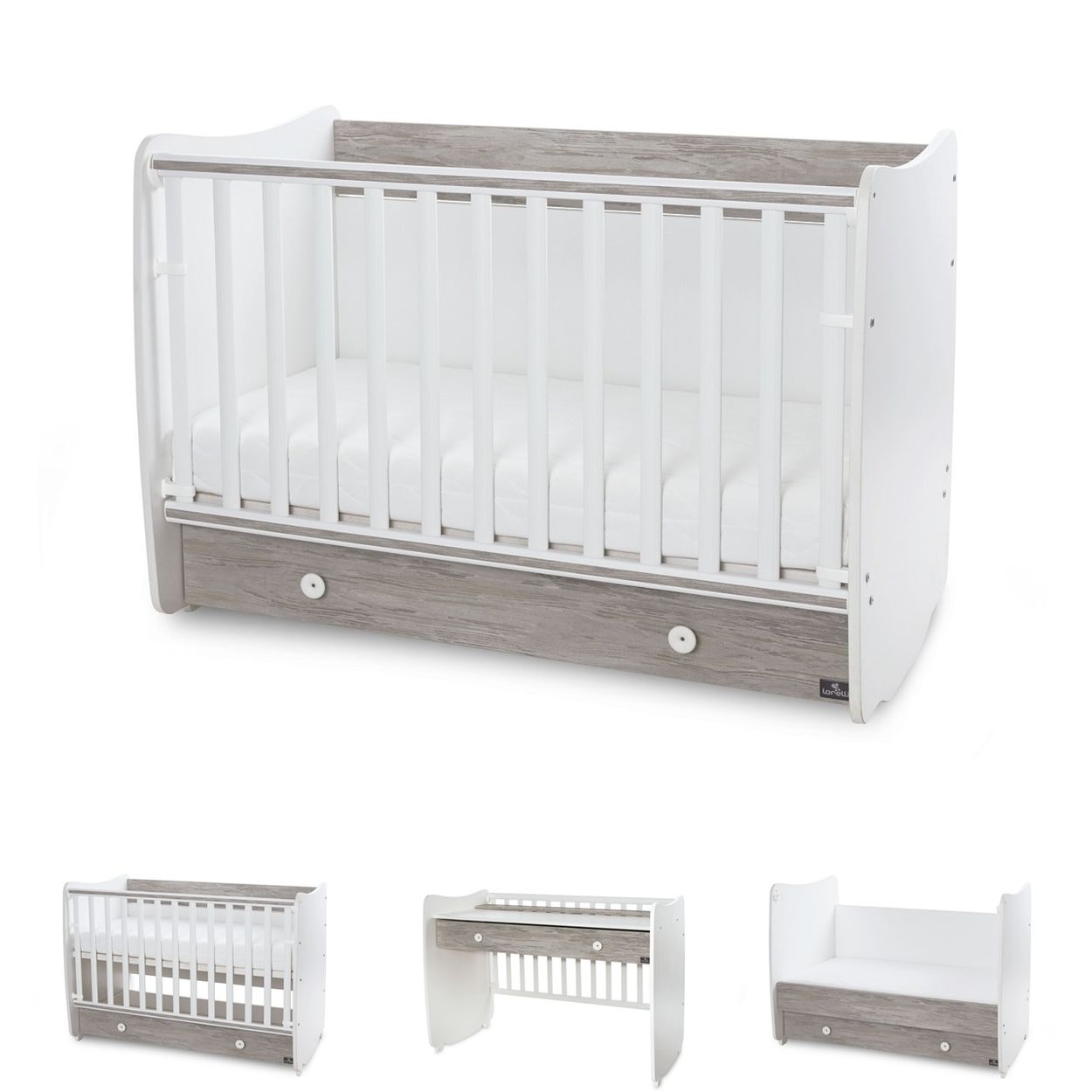 Lorelli Babybett Dream 70 x 140 cm umbaubar Kinderbett Schaukelbett Schreibtisch wei&szlig; grau 