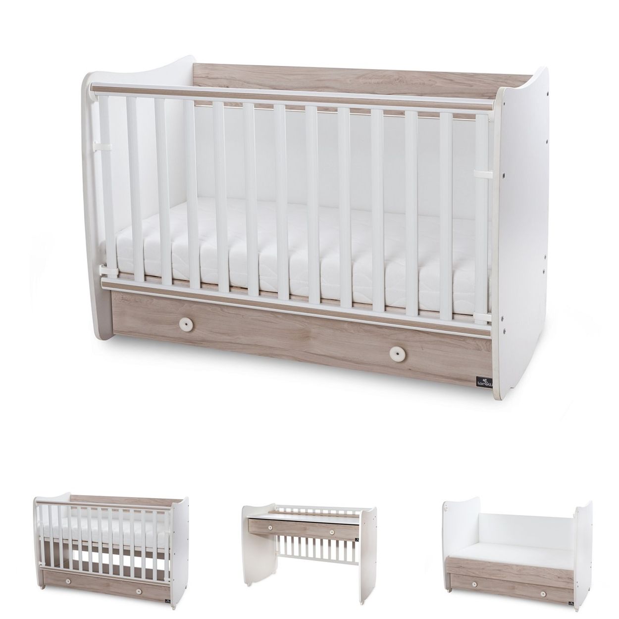 Lorelli Babybett Dream 70 x 140 cm umbaubar Kinderbett Schaukelbett Schreibtisch wei&szlig; braun 