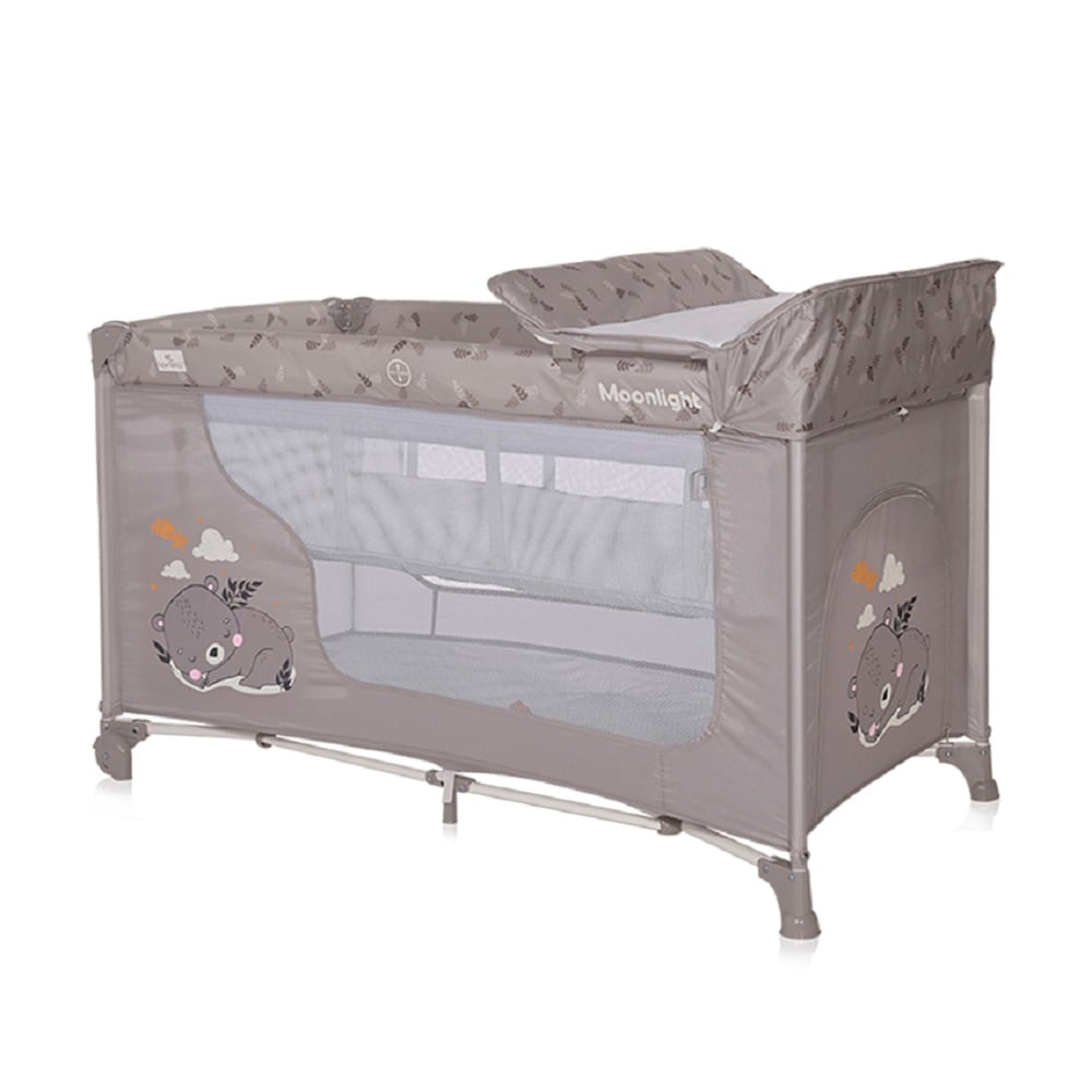 Lorelli Reisebett Moonlight zwei Ebenen, faltbar, Wickelauflage, Matratze, R&auml;der braun 