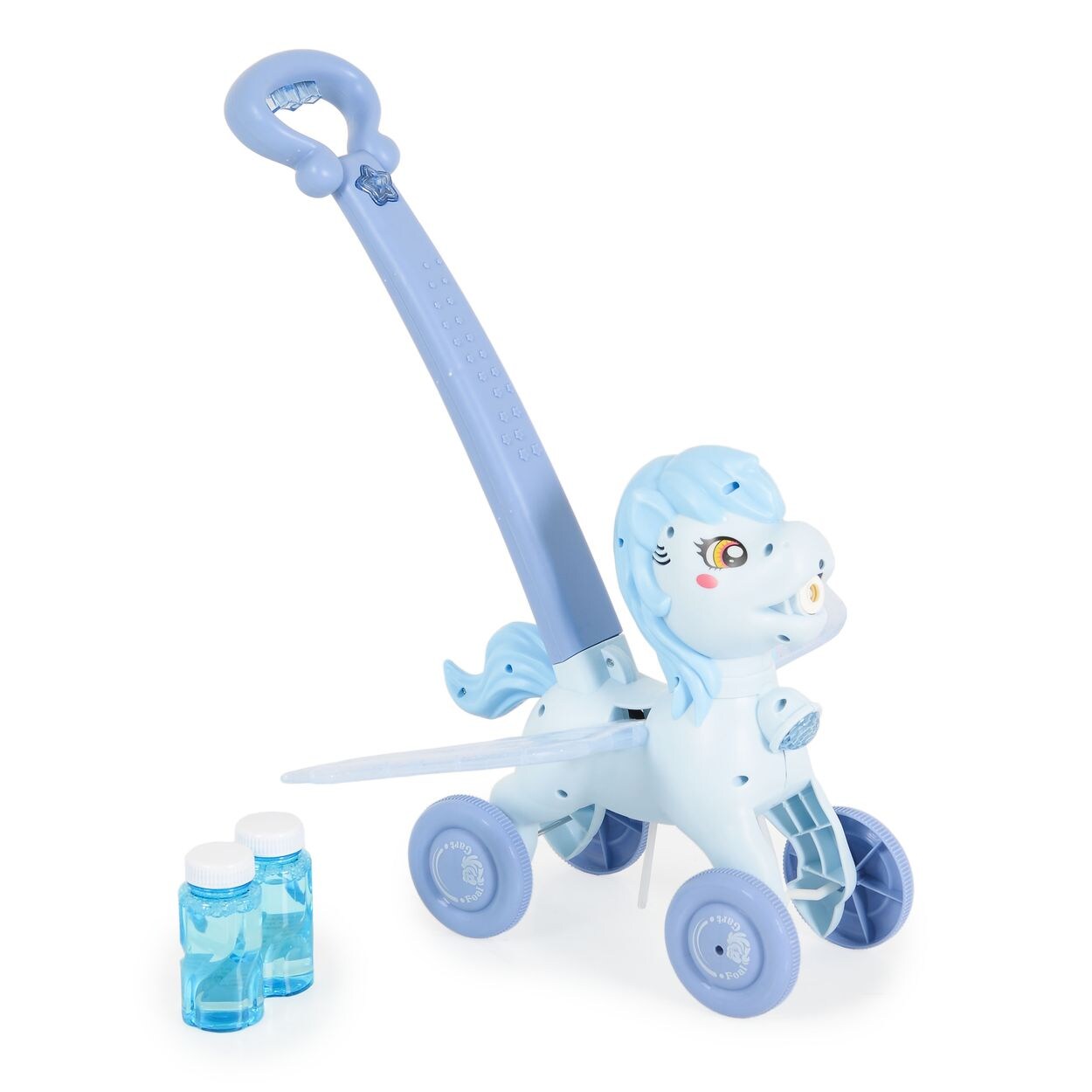 Schiebespielzeug Pony Wings 40 cm hoch Seifenblasen bewegliche Flügel Musik blau