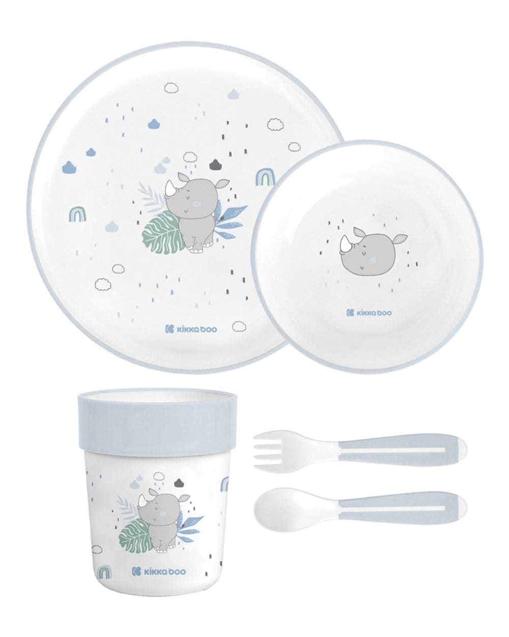 Kikkaboo Kindergeschirr Set Savanna 5-teilig Tiermotiv, Schale, Teller, Besteck hellblau 