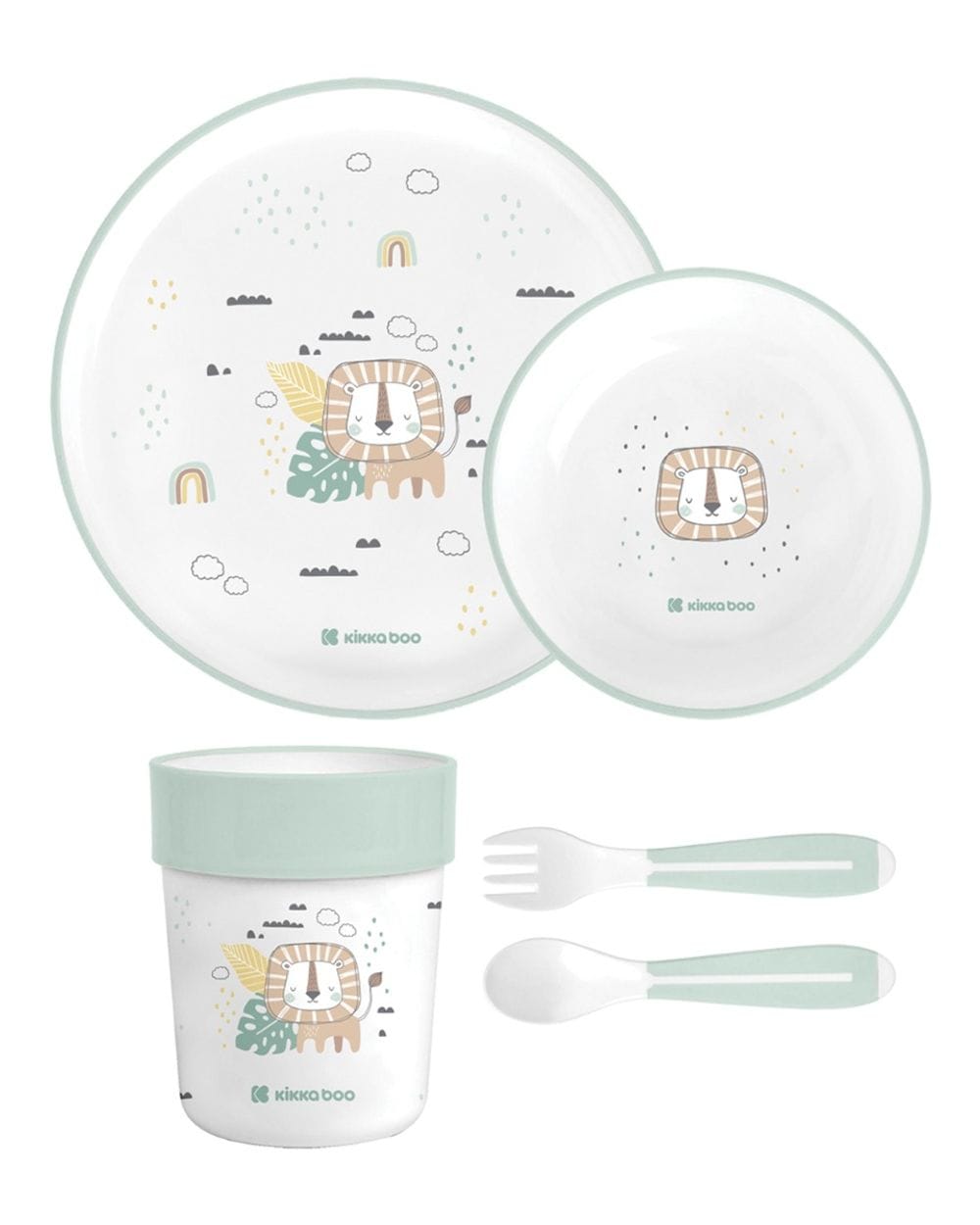 Kikkaboo Kindergeschirr Set Savanna 5-teilig Tiermotiv, Schale, Teller, Besteck hellgr&uuml;n 