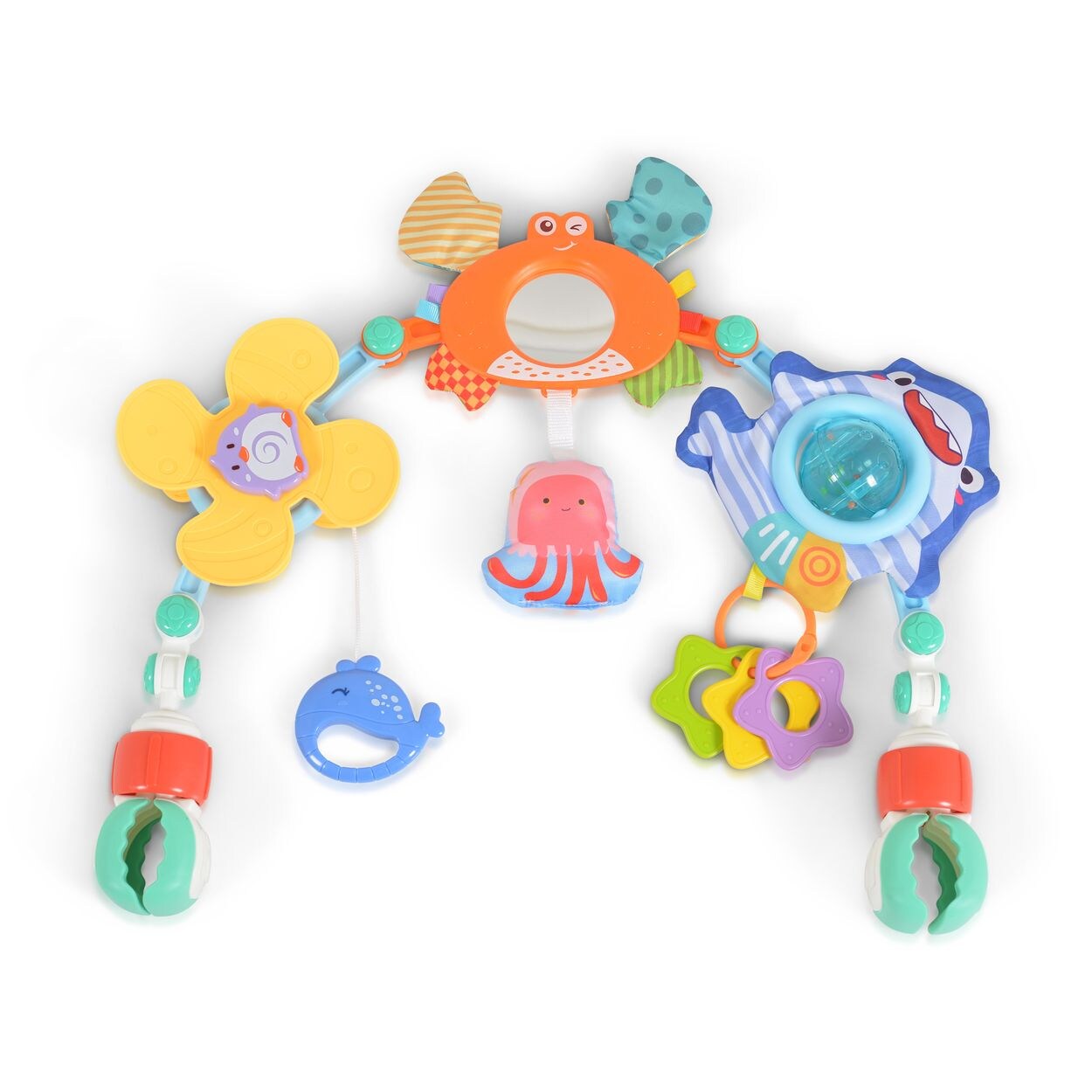 Spielbogen für Kinderbett, Kinderwagen, Spielmatte Rassel Beißring Motorik grün