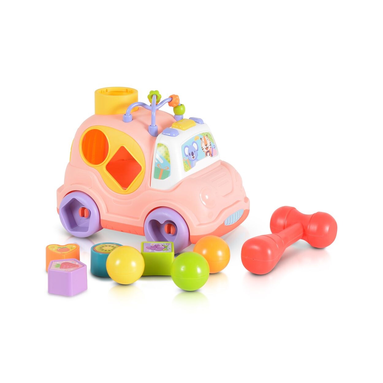 Sortierspiel Auto, Musik Licht, 4 Formen, Hammer, Motorikschleife, 3 Bälle rosa
