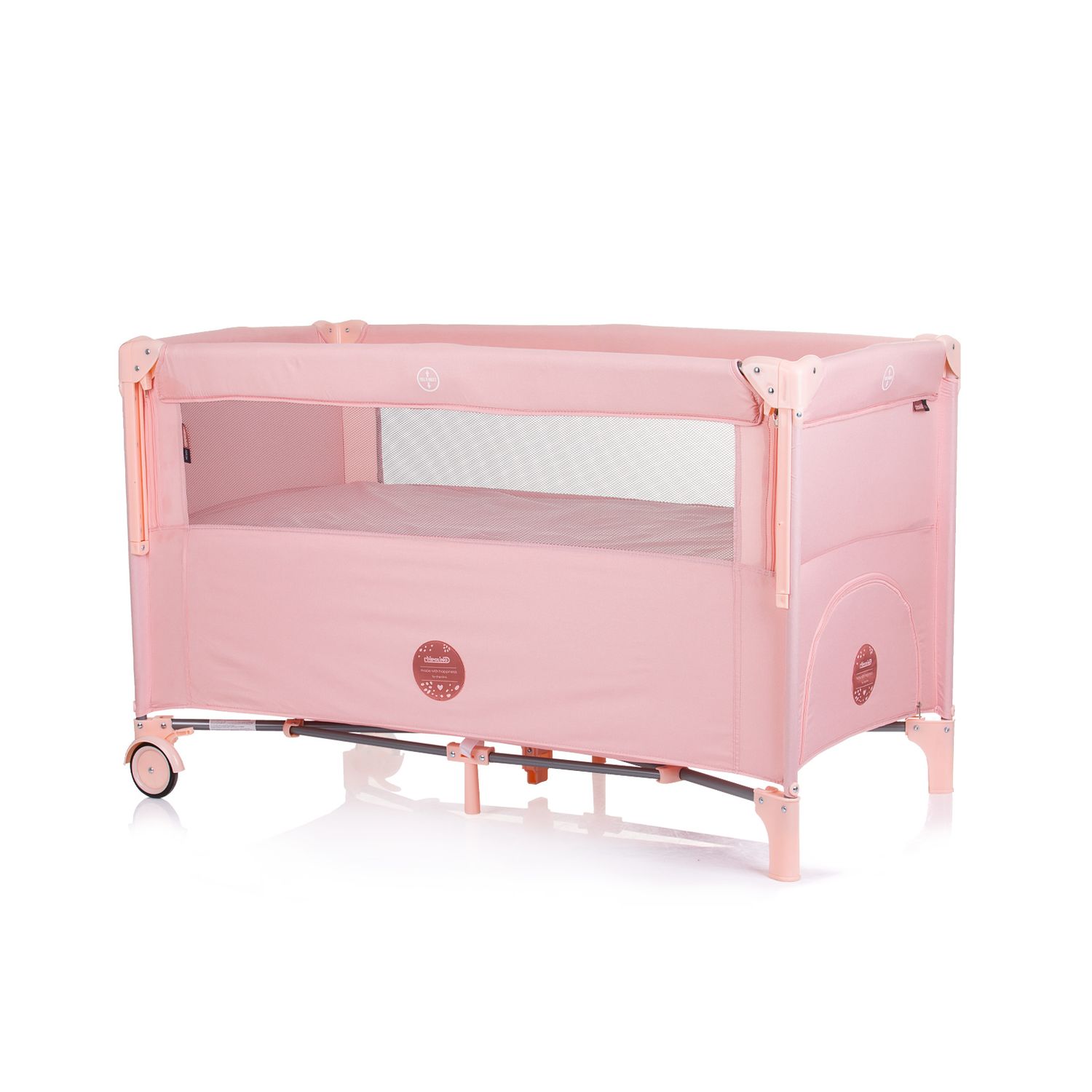 Chipolino Reisebett Relax Leinen 2 Ebenen Tasche, Rei&szlig;verschluss, R&auml;der, faltbar pink 