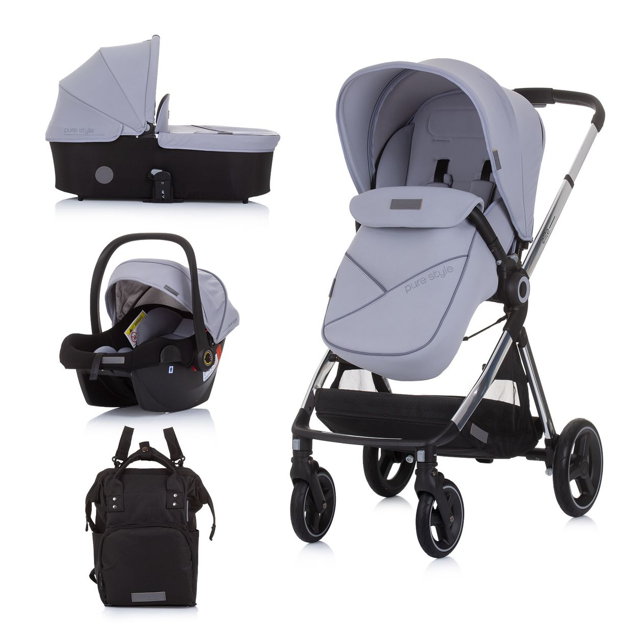 Chipolino Kinderwagen Elite 3 in 1 i-Size Babyschale Sportsitz Babywanne Tasche grau 