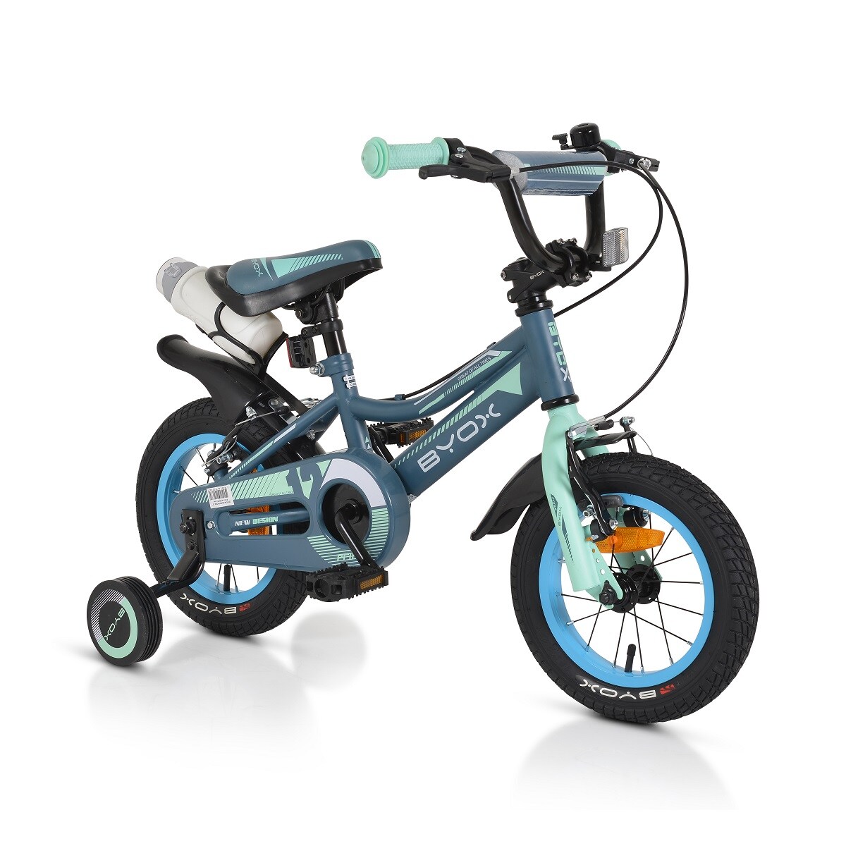 Byox Kinderfahrrad 12 Zoll Prince, sportliches Design, St&uuml;tzr&auml;der, Kettenschutz grau blau 