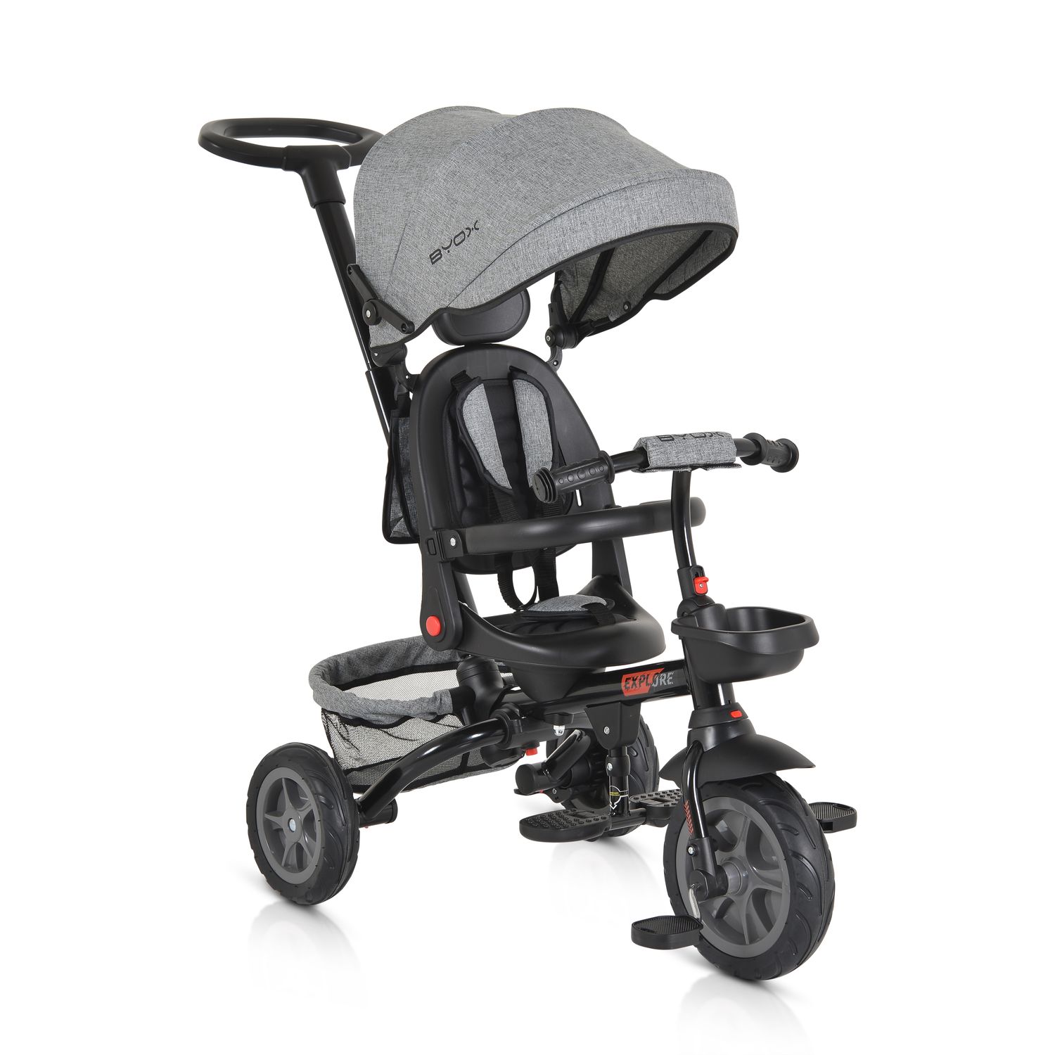 Byox Tricycle Explore 3 in 1 Dreirad umkehrbarer Sitz Schiebegriff K&ouml;rbe Pedale hellgrau 