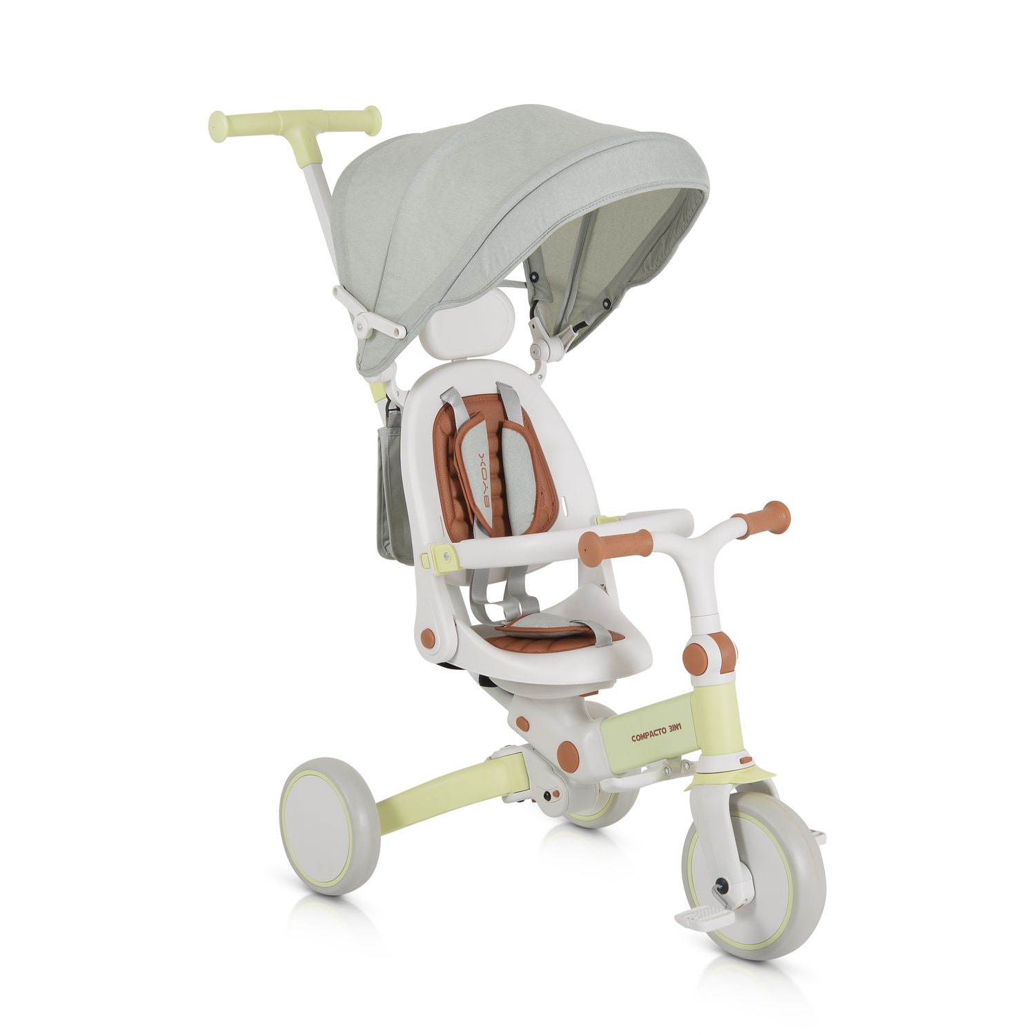 Byox Dreirad, Tricycle Compacto 3 in 1 Schiebegriff klappbar Gurt umbaubar EVA gr&uuml;n 