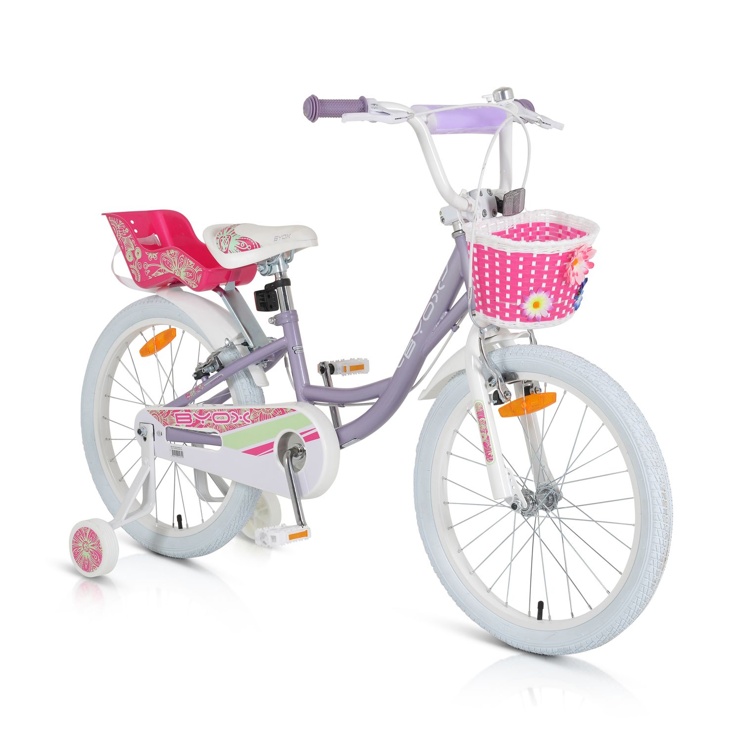 Byox Kinderfahrrad 20 Zoll Fashion Girl, St&uuml;tzr&auml;der, Korb am Lenker, Puppensitz lila 