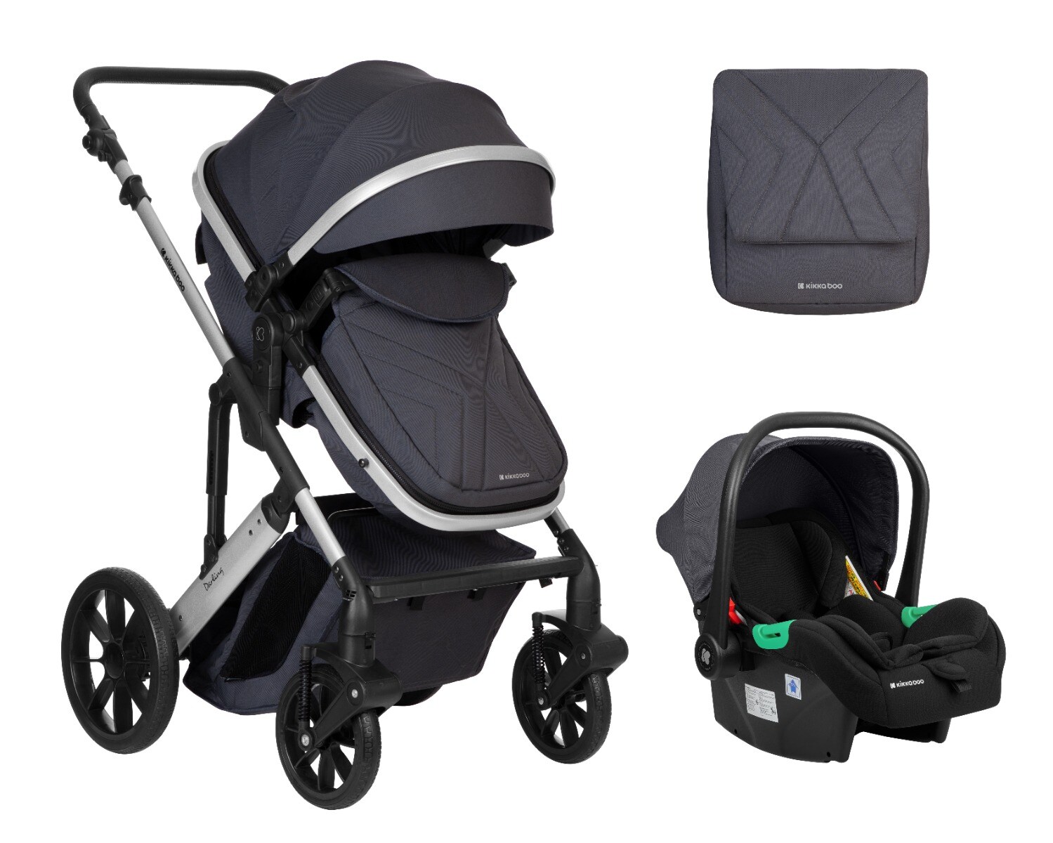 Kikkaboo Kinderwagen Darling 3 in 1 Sportsitz Tragetasche Autositz Wickeltasche grau gemustert 