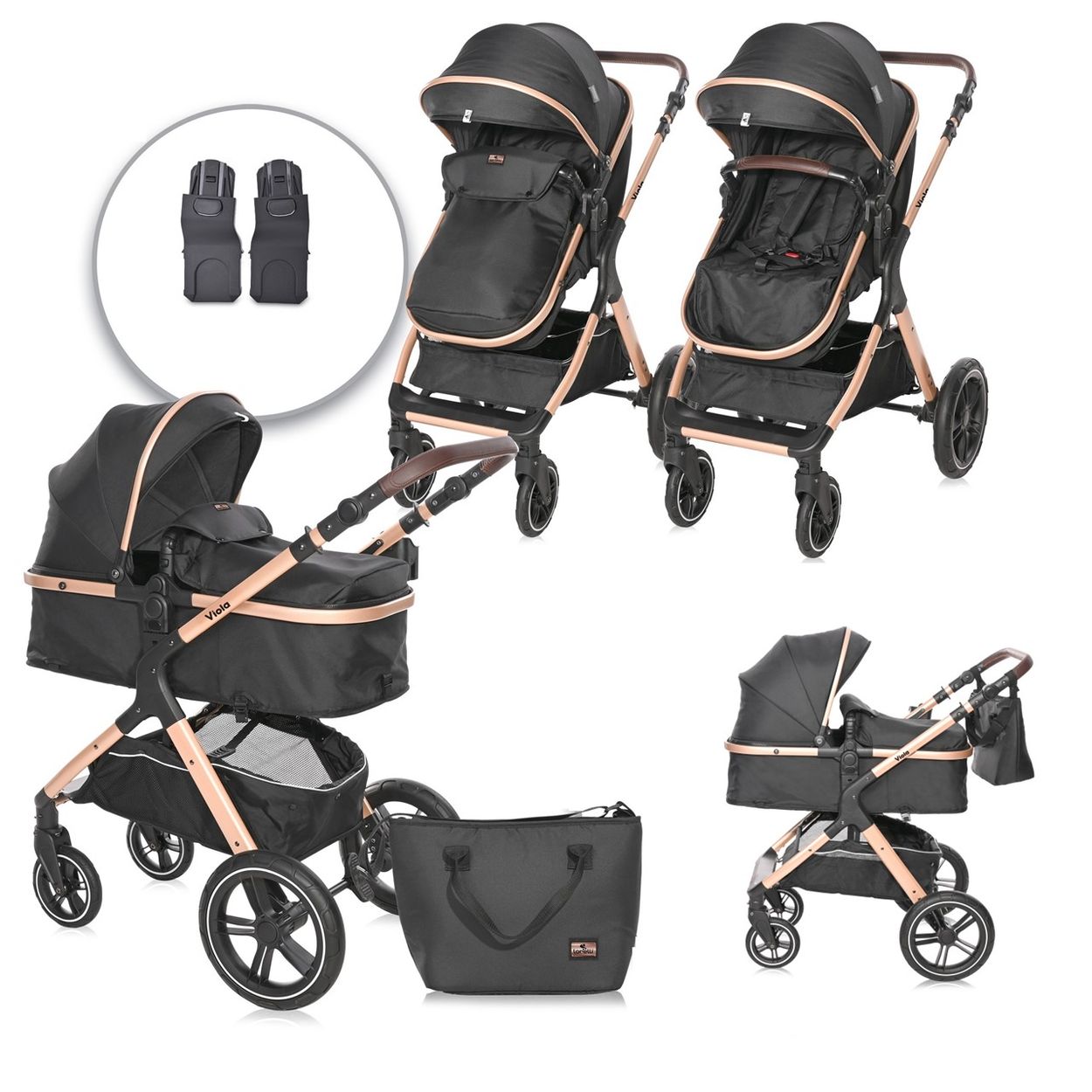 Lorelli Kinderwagen 2 in 1 Viola mit Adaptern, umbaubarer Sportsitz, bis 22 kg schwarz 