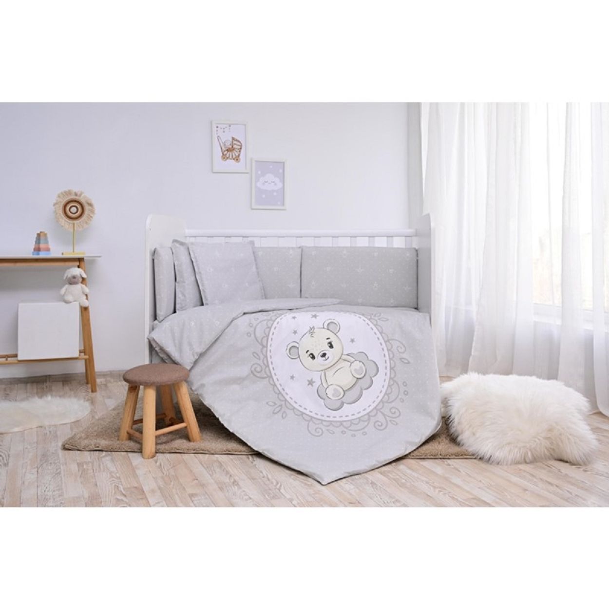 Lorelli Babybettw&auml;sche Set Smile 6-teilig Decke 140x95 Kissen 43x35 Bett 120x60 grau Sterne 