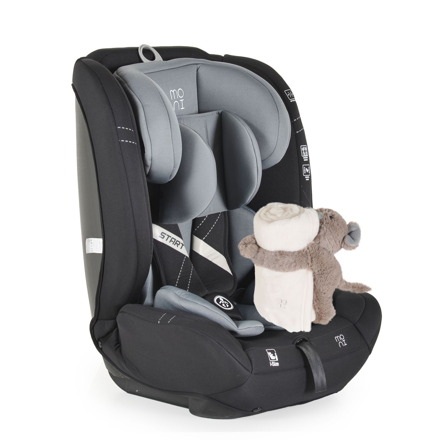 Moni Kindersitz i-Size Start (76-150cm) Kopfst&uuml;tze verstellbar, Kuscheltier grau 